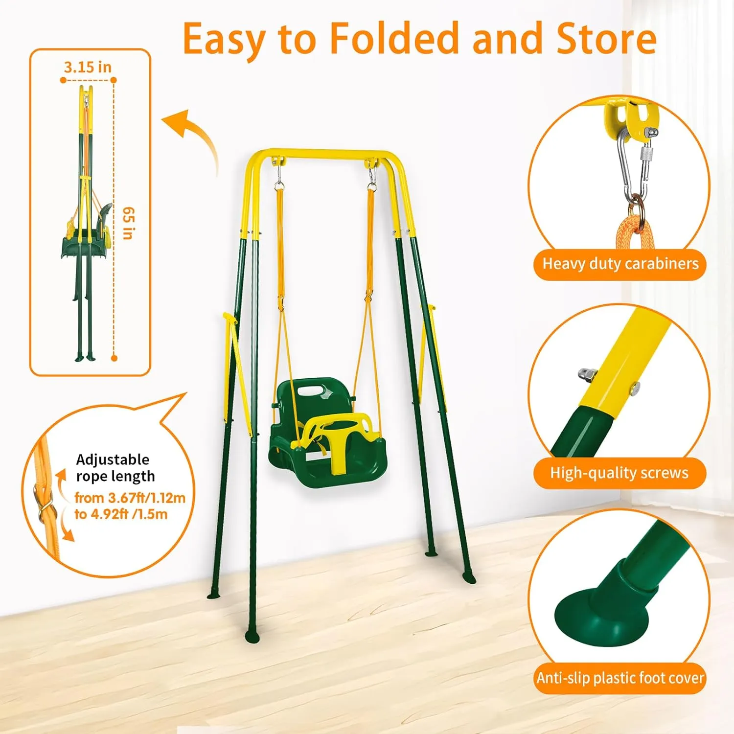 3-in-1 Toddler Swing Set, Foldable Baby Swing with Stand, Indoor & Outdoor Kids Swings Sets, Multifunctional Swings for Home Backyard, Easy to Install and Store (Dark Green)