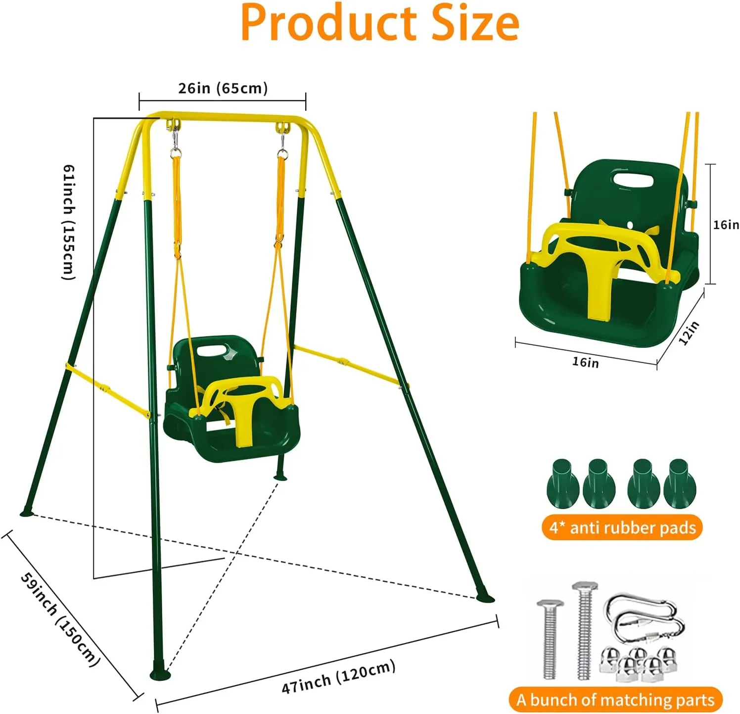 3-in-1 Toddler Swing Set, Foldable Baby Swing with Stand, Indoor & Outdoor Kids Swings Sets, Multifunctional Swings for Home Backyard, Easy to Install and Store (Dark Green)