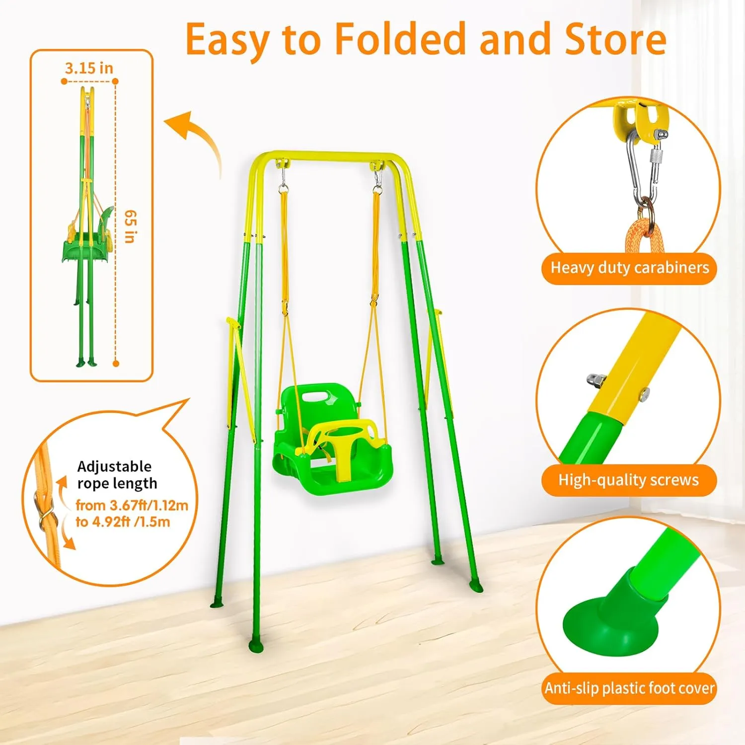 3-in-1 Toddler Swing Set, Foldable Baby Swing with Stand, Indoor & Outdoor Kids Swings Sets, Multifunctional Swings for Home Backyard, Easy to Install and Store (Green)