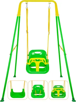 3-in-1 Toddler Swing Set, Foldable Baby Swing with Stand, Indoor & Outdoor Kids Swings Sets, Multifunctional Swings for Home Backyard, Easy to Install and Store (Green)