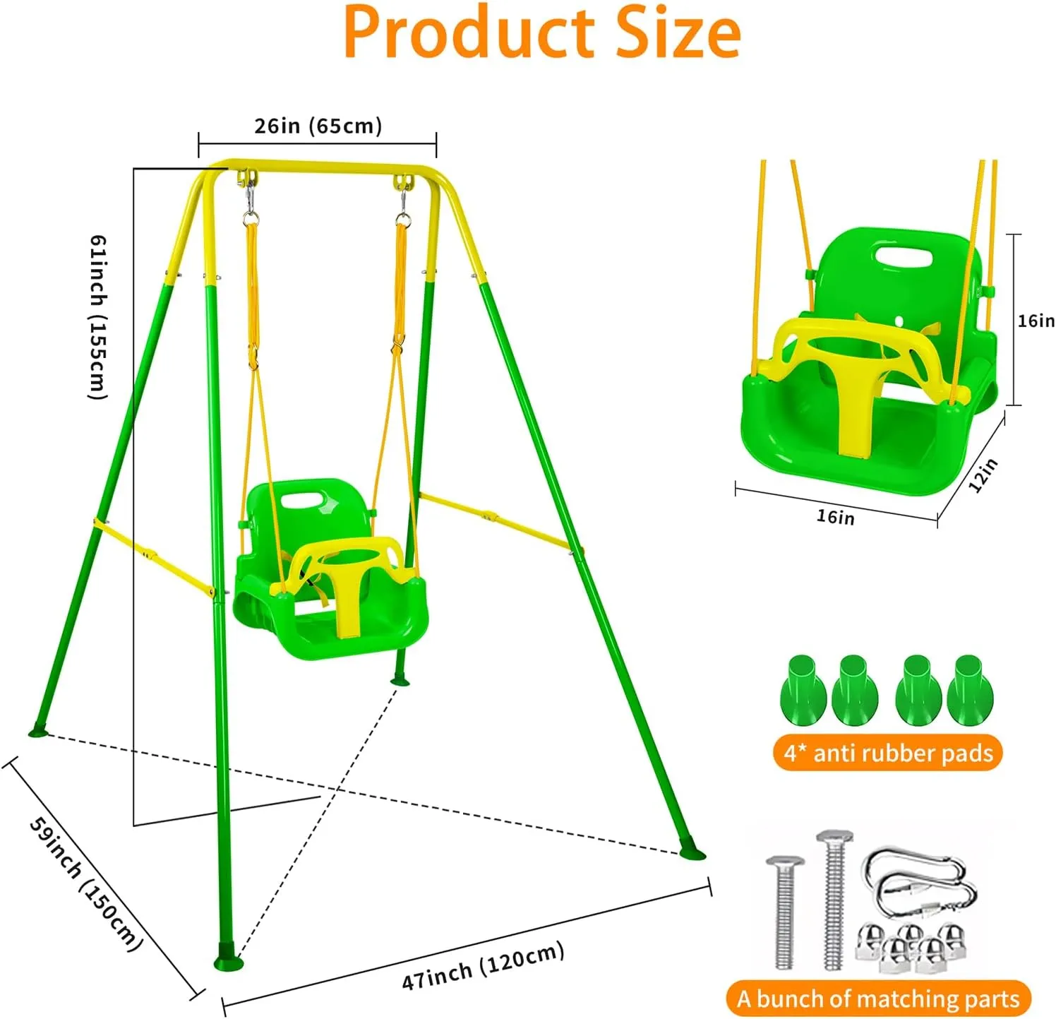 3-in-1 Toddler Swing Set, Foldable Baby Swing with Stand, Indoor & Outdoor Kids Swings Sets, Multifunctional Swings for Home Backyard, Easy to Install and Store (Green)