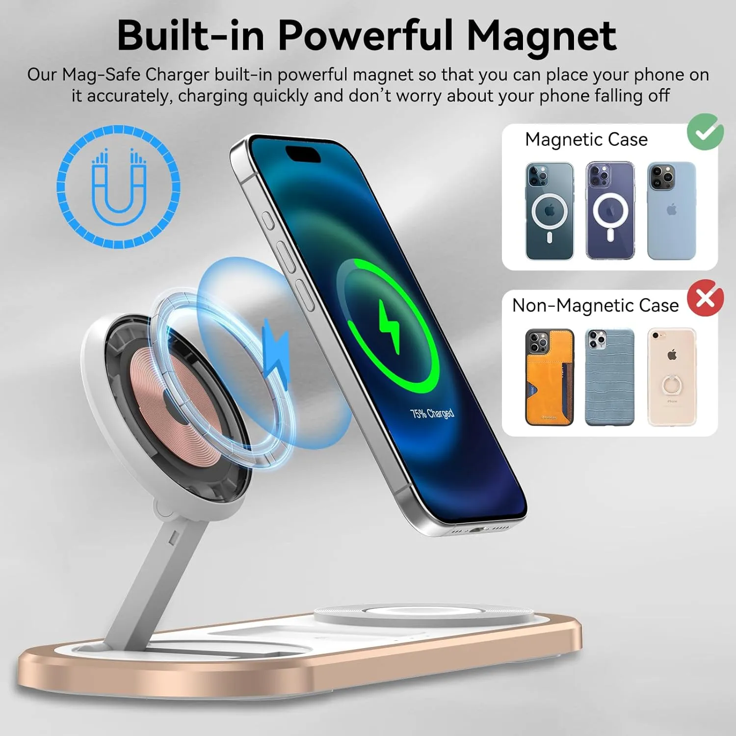 3 in 1 Wireless Charger for iPhone, Foldable Charging Station for Magsafe for iPhone 16/15/14/13/12/Pro Max/Pro/Mini/Plus, Apple Watch 10/9/8/7/SE/6/5/4/3/2/1/Ultra2/Ultra, AirPods pro/2/3/4 (Golden)