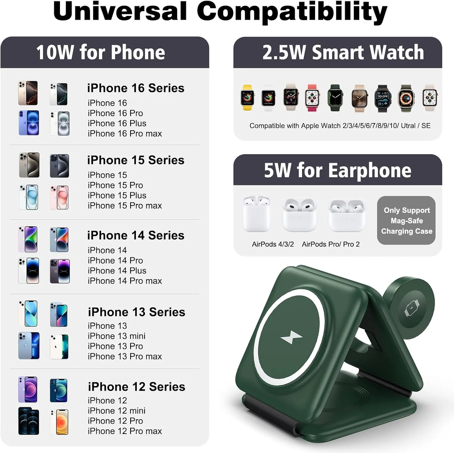 3 in 1 Wireless Charger for iPhone - Foldable Charging Station Travel Charging Dock Compatible with iPhone 16 15 14 13 12 Pro Max Plus Watch & Airpods