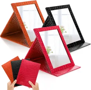 3 Pack Large Portable Folding Makeup Mirrors, 7x10 Inch Pu Leather Desk Foldable Travel Mirror, Multi-Angle HD Vanity Mirror with Adjustable Stand for Traveling Office Table Camping Home