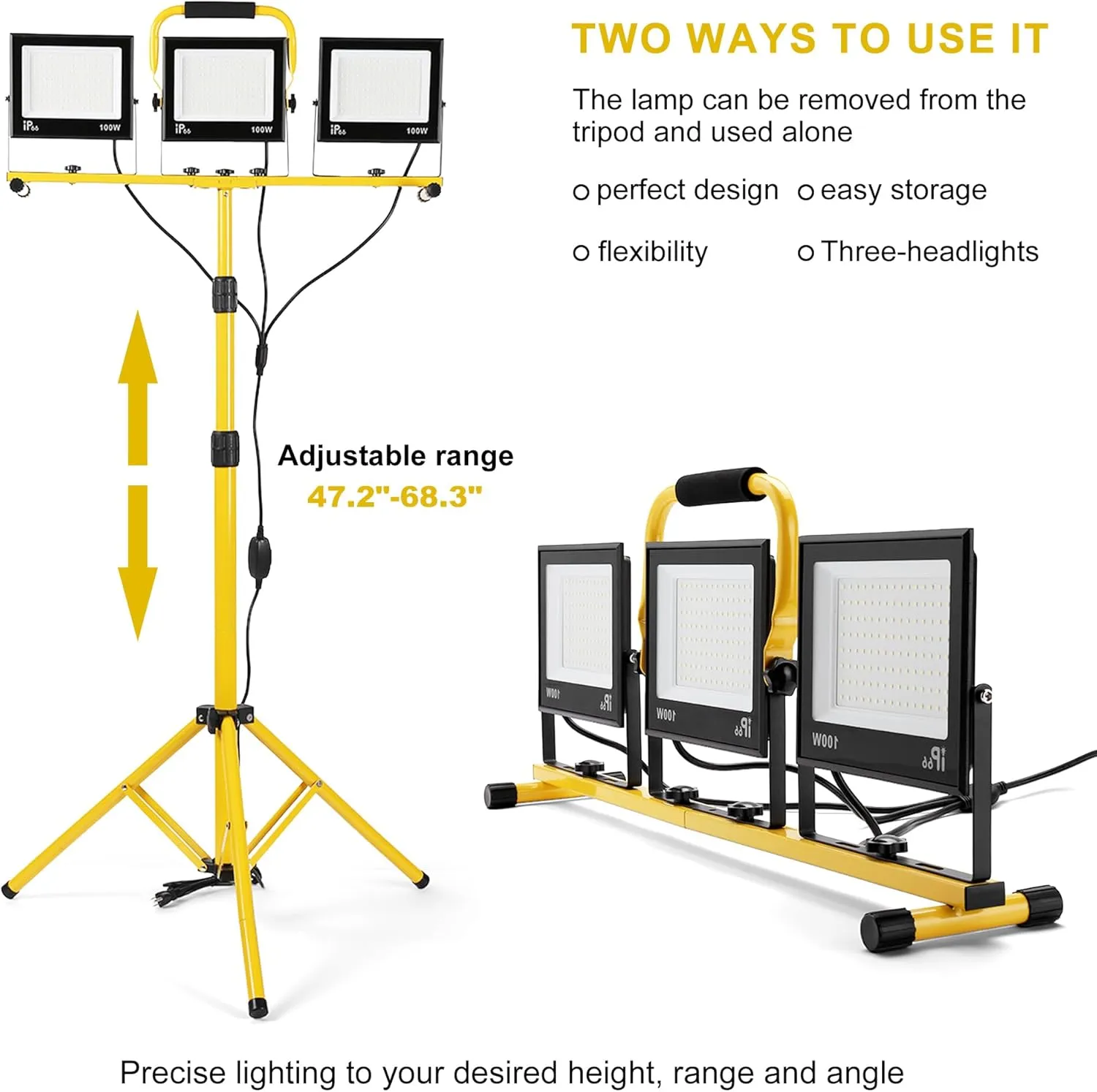 30000 Lumen Work Lights with Stand, 3 Adjustable Head LED Work Light, with Adjustable and Foldable Tripod Stand, Waterproof Lamp with 6500 Kelvin Color Temperature
