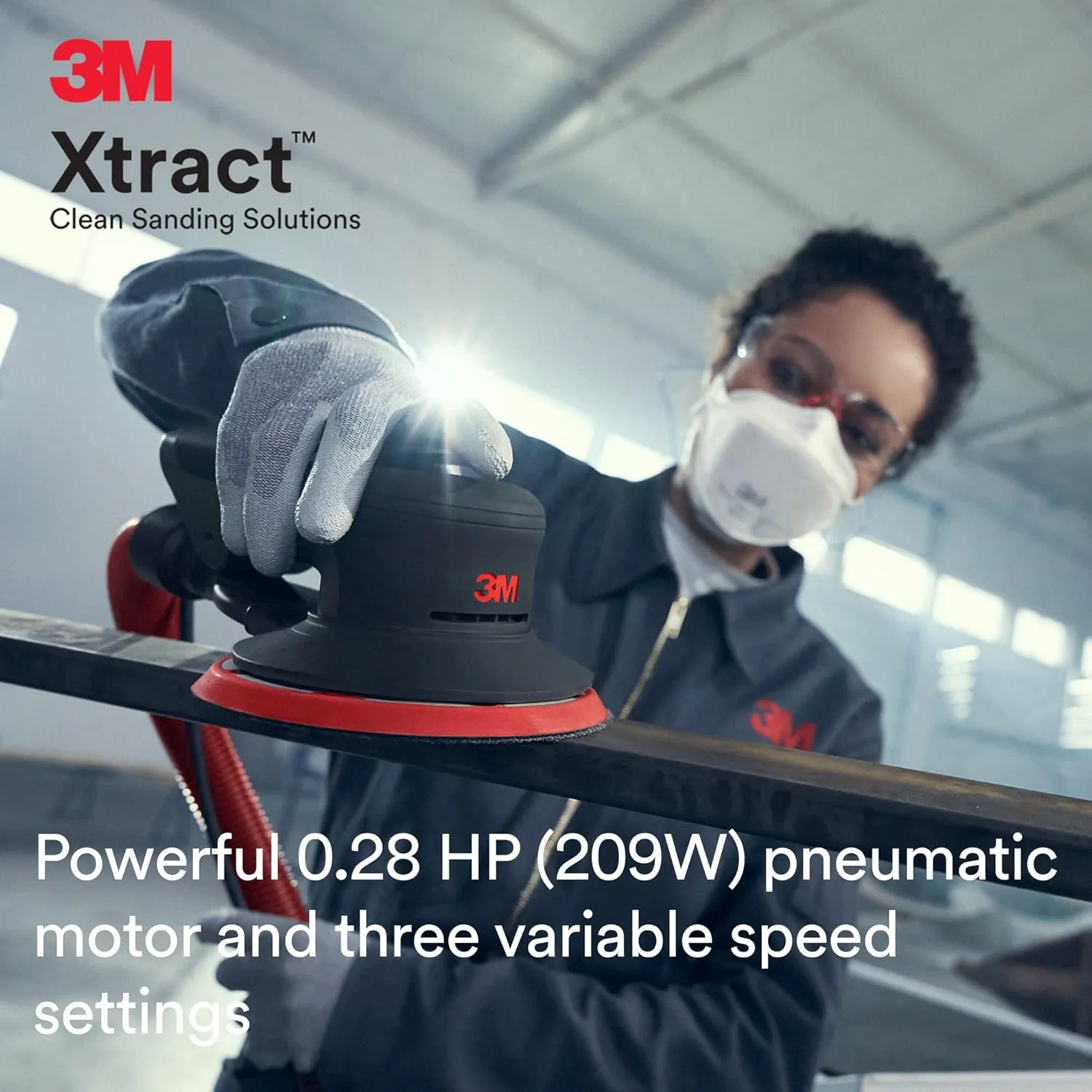 3M Xtract Random Orbital Sander, Pneumatic 88943, 5 in, with Central Vacuum Attachment, 5/16 in Orbit, Ergonomic and Lightweight ROS, .28 HP (209W) Motor