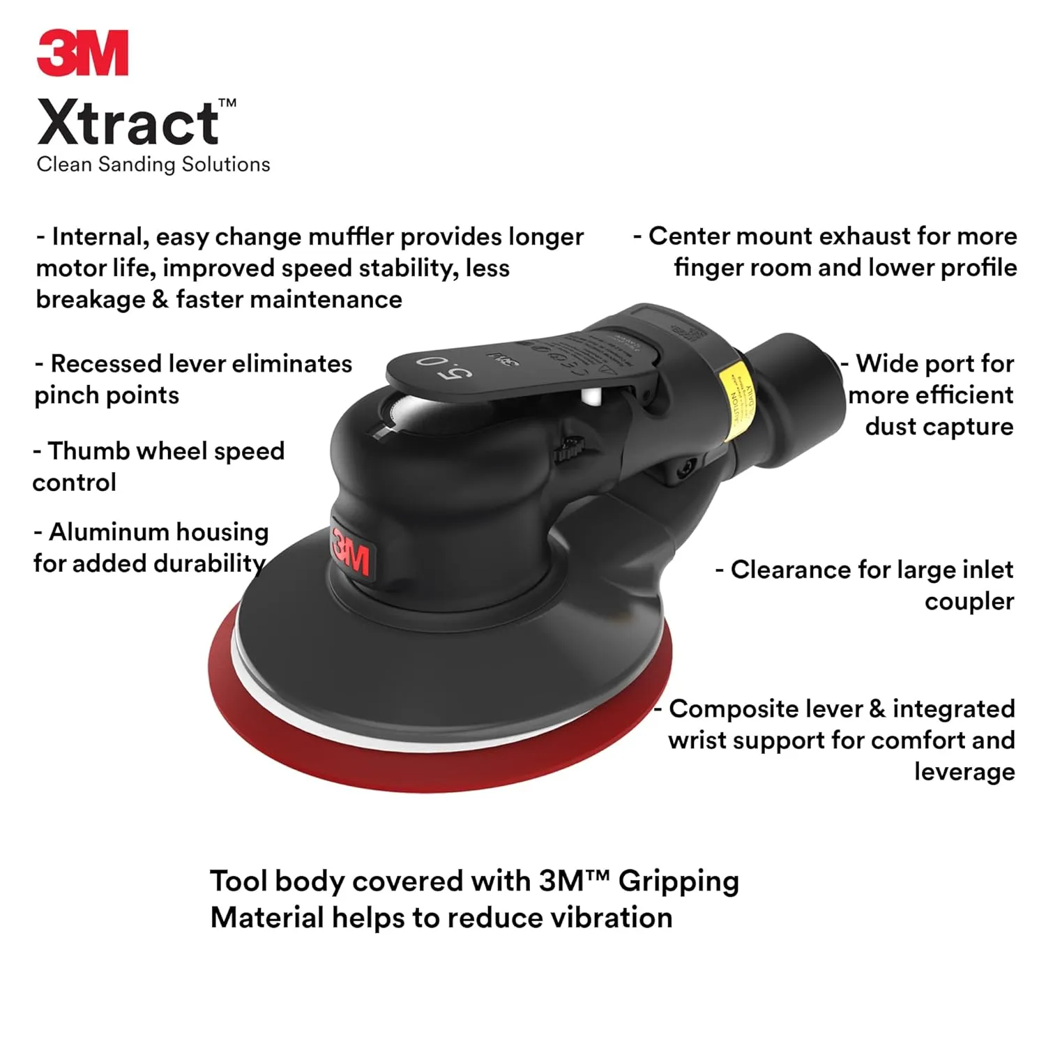 3M Xtract Random Orbital Sander, Pneumatic 88943, 5 in, with Central Vacuum Attachment, 5/16 in Orbit, Ergonomic and Lightweight ROS, .28 HP (209W) Motor