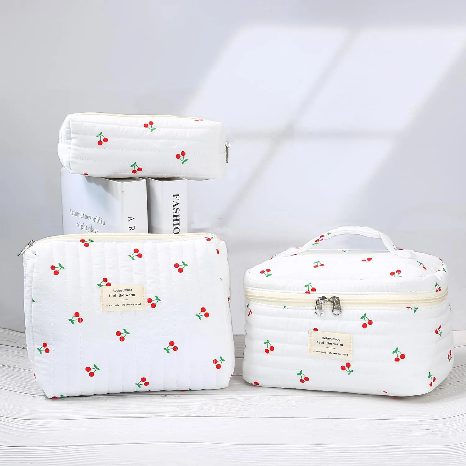 3Pcs Quilted Makeup Bag - Cotton Large Floral Makeup Bag, Travel Cosmetic Bag Cute Flower Aesthetic Floral Toiletry Organizer Bag Set for Women (10White-cherry)