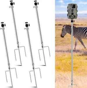 4 Pack Trail Game Camera Stand Thick Foldable Stainless Steel Game Camera Stake Mount 360° Adjustable Bracket Ground Holder Post 1/4"-20 Thread for Hunting Deer Cam Outdoor Night Fishing