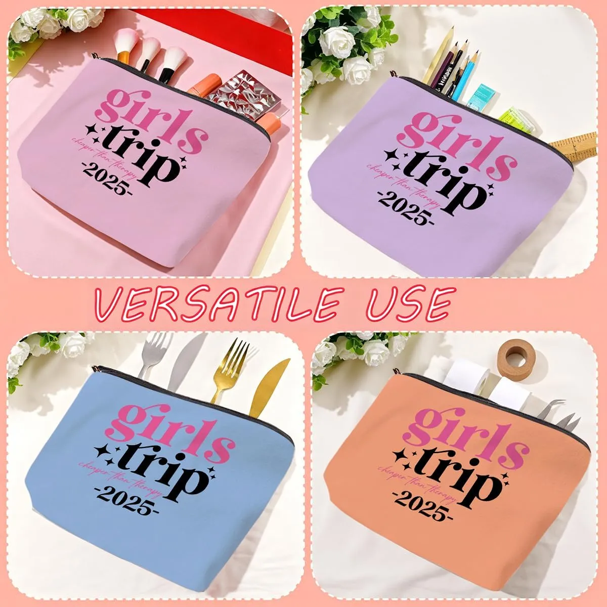 4 Pcs Girls Trip Gifts Girls Weekend Gifts for Women Girls Trip Favors Makeup Bag Cosmetic Bag for Female Lady Girl Daughter Friend Coworker Niece Weekend Bag Vacation Christmas Birthday