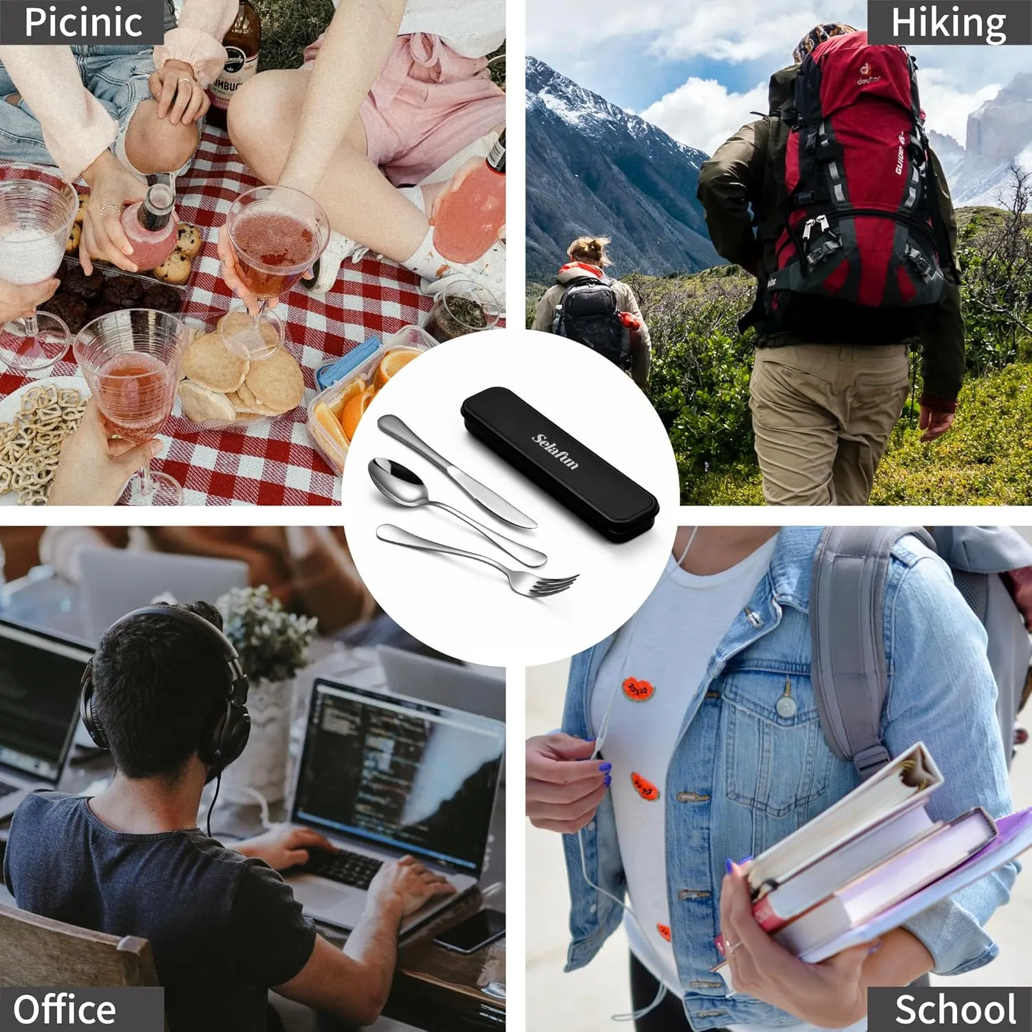 4-Piece Travel Set with Case - Portable Silverware Utensils - Stainless Steel Reusable Flatware - Cutlery Set for Camping, Picnic, Hiking, Office - Dishwasher Safe