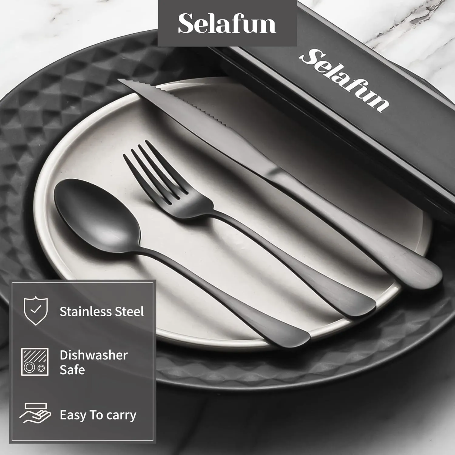 4-pieces Travel Set with Case Portable Silverware Utensils Set for work, Stainless Steel Reusable Flatware Set Cutlery Set for Camping Picnic Hiking Office (6.7inch, Matte Black)