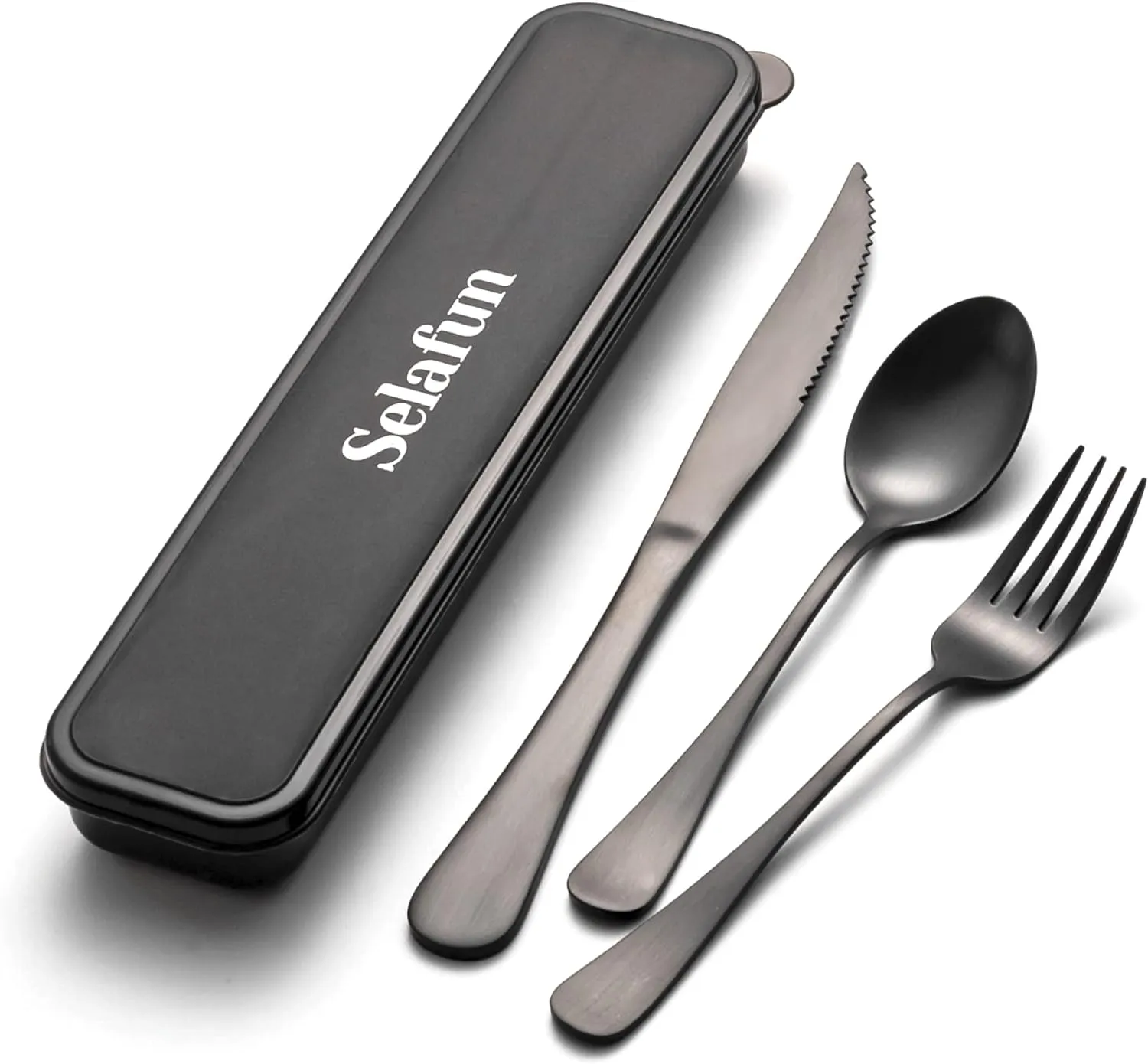 4-pieces Travel Set with Case Portable Silverware Utensils Set for work, Stainless Steel Reusable Flatware Set Cutlery Set for Camping Picnic Hiking Office (6.7inch, Matte Black)