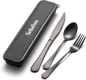 4-pieces Travel Set with Case Portable Silverware Utensils Set for work, Stainless Steel Reusable Flatware Set Cutlery Set for Camping Picnic Hiking Office (6.7inch, Matte Black)