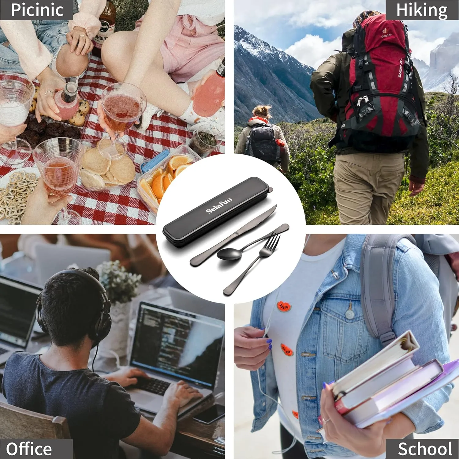 4-pieces Travel Set with Case Portable Silverware Utensils Set for work, Stainless Steel Reusable Flatware Set Cutlery Set for Camping Picnic Hiking Office (6.7inch, Matte Black)