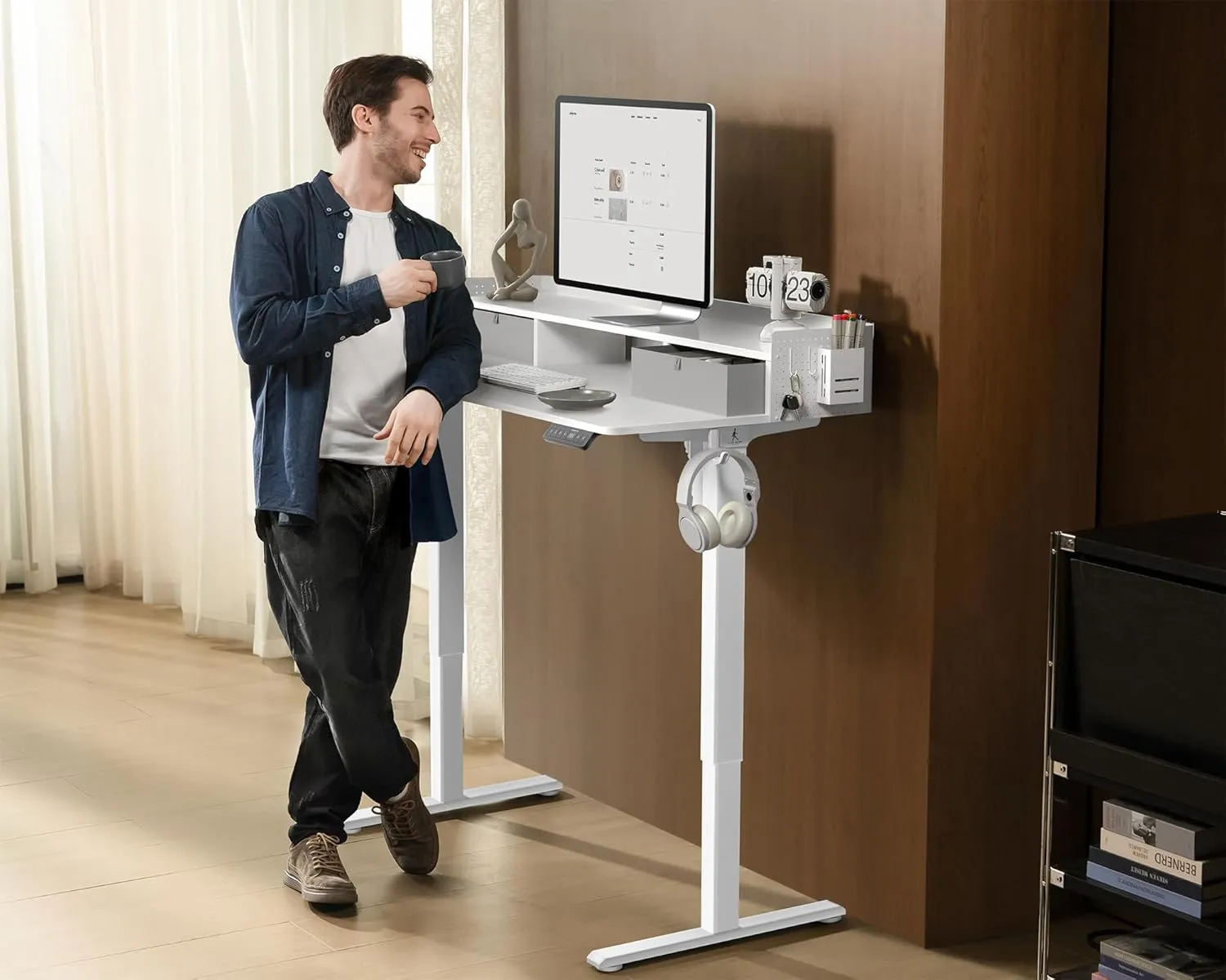 48x24 Inches Electric Standing Desk with 2 Drawers, Height Adjustable Stand up Desk for Home Office, Ergonomic Sit to Stand Table with Storage Shelf, DIY Board, Hooks, White