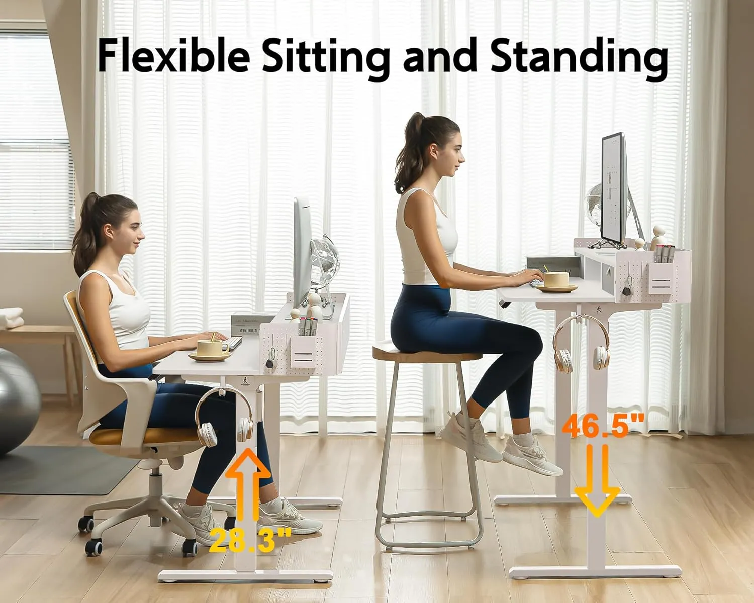 48x24 Inches Electric Standing Desk with 2 Drawers, Height Adjustable Stand up Desk for Home Office, Ergonomic Sit to Stand Table with Storage Shelf, DIY Board, Hooks, White