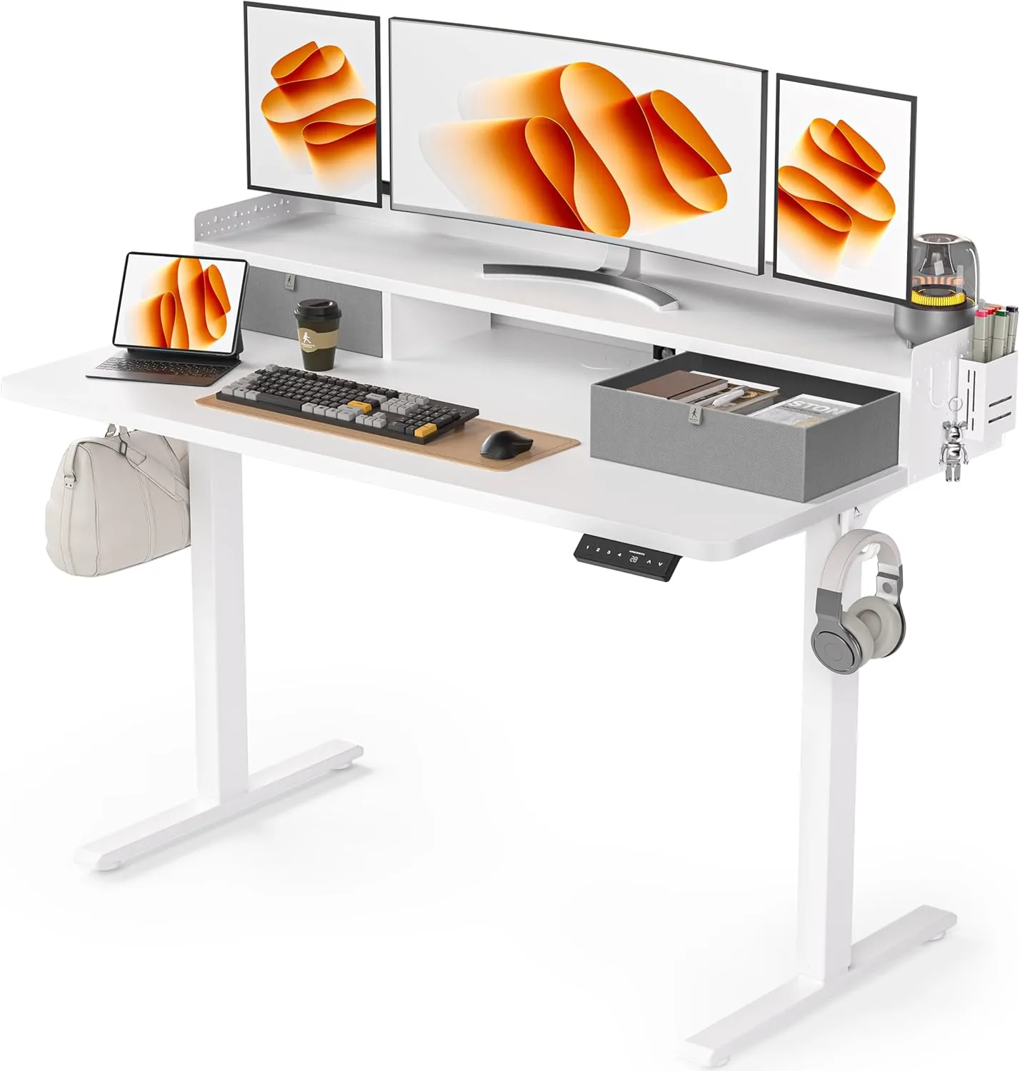 48x24 Inches Electric Standing Desk with 2 Drawers, Height Adjustable Stand up Desk for Home Office, Ergonomic Sit to Stand Table with Storage Shelf, DIY Board, Hooks, White