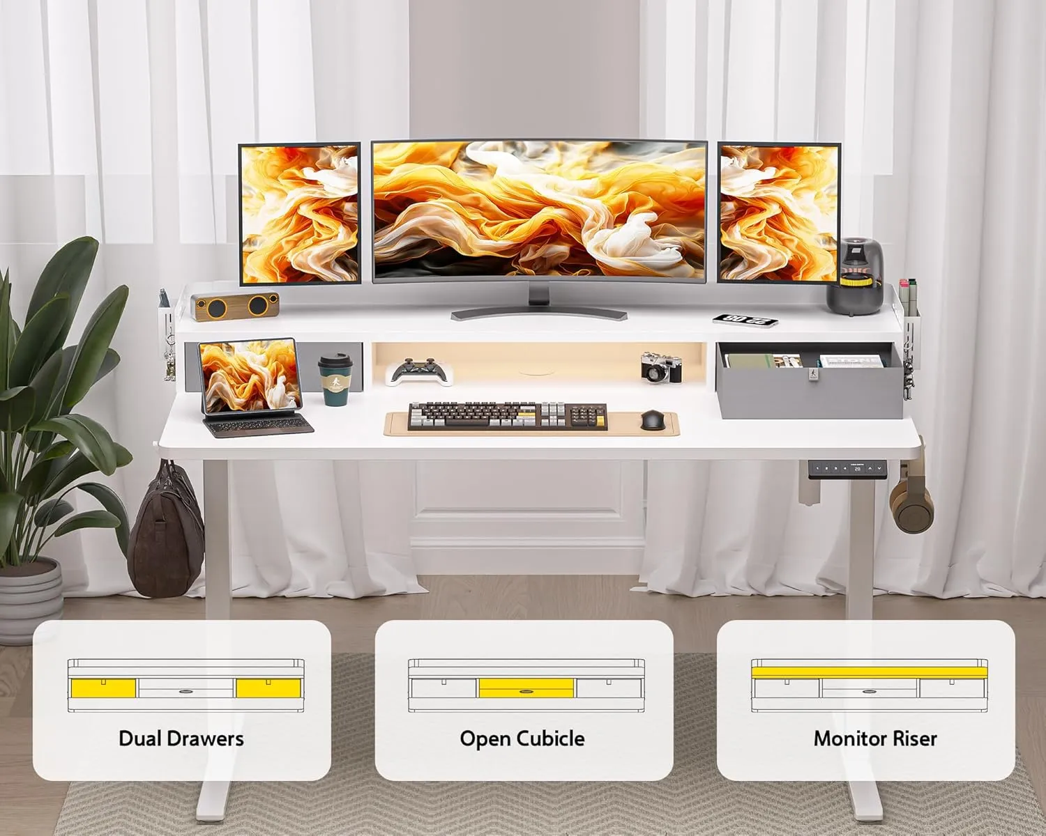 48x24 Inches Electric Standing Desk with 2 Drawers, Height Adjustable Stand up Desk for Home Office, Ergonomic Sit to Stand Table with Storage Shelf, DIY Board, Hooks, White