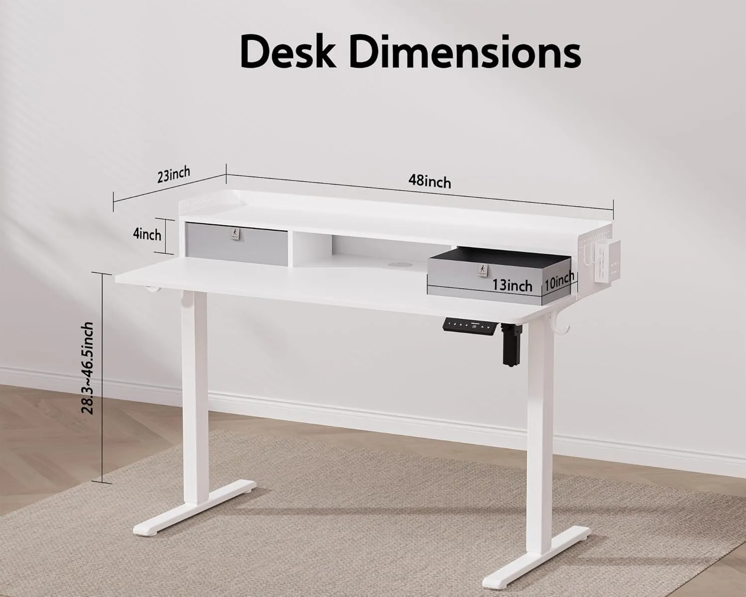 48x24 Inches Electric Standing Desk with 2 Drawers, Height Adjustable Stand up Desk for Home Office, Ergonomic Sit to Stand Table with Storage Shelf, DIY Board, Hooks, White