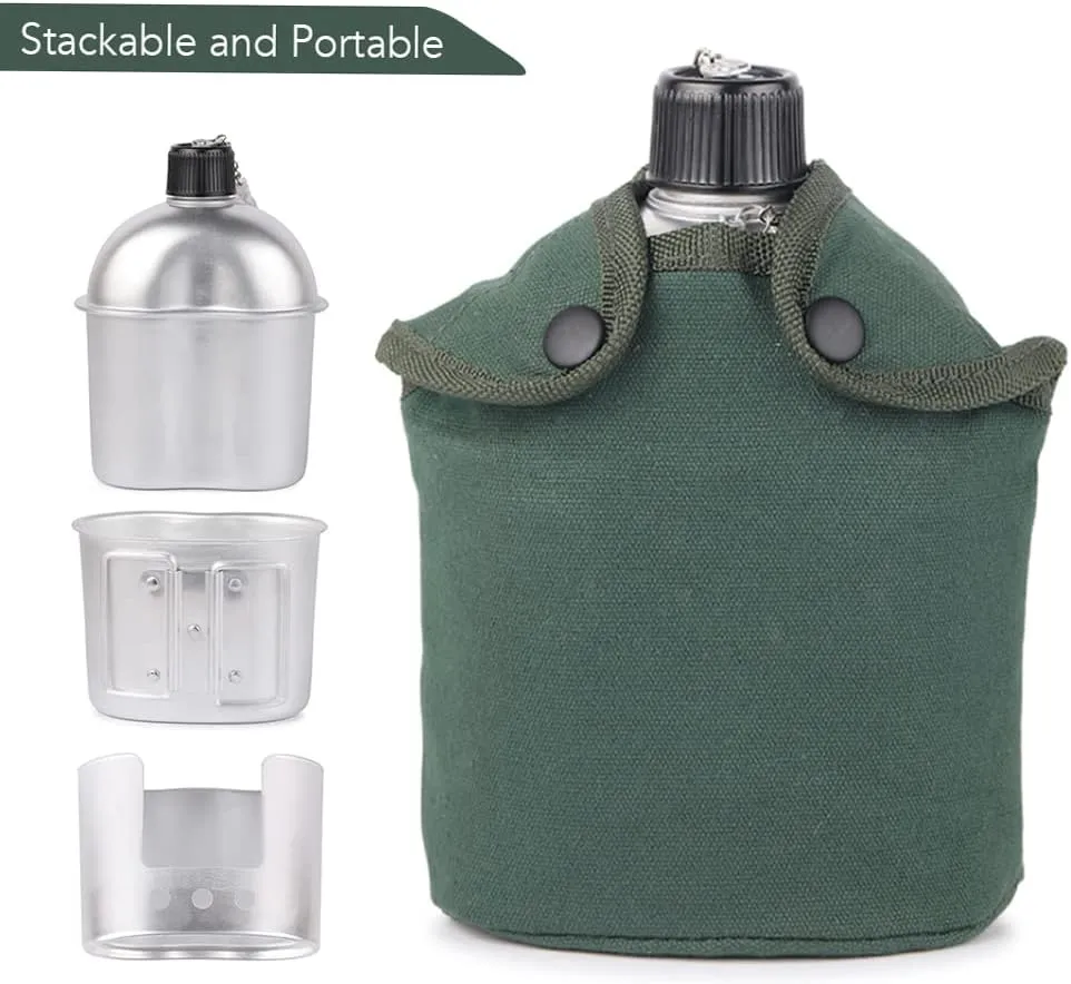 4Pcs Cookware Set, Aluminum Canteen Cup Wood Stove with Foldable Spork for Camping Hiking