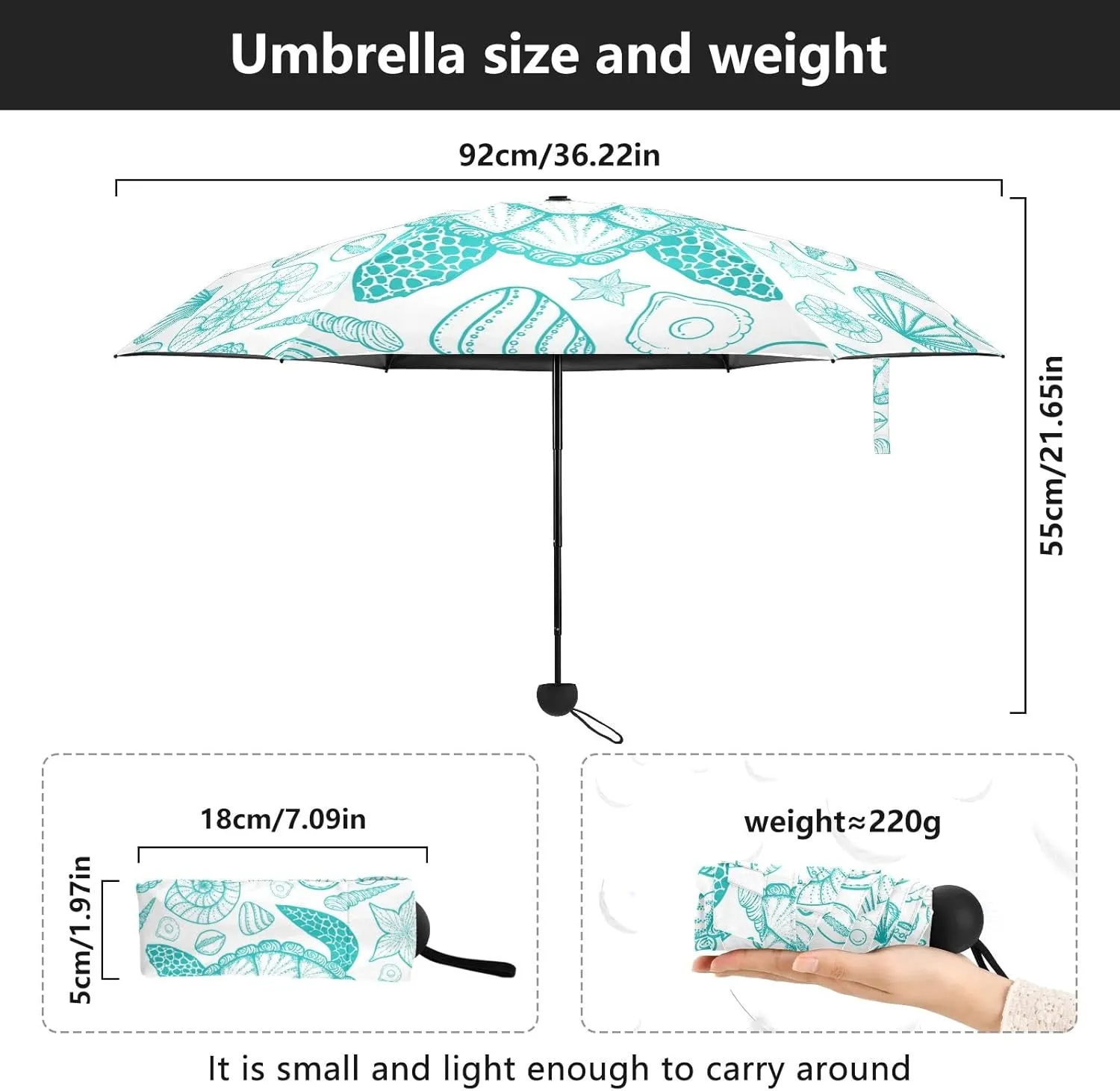5 Folding Compact Pocket Windproof Umbrella, 6 Ribs Ultra-Light Foldable Vinyl Parasol, Mini Anti-UV Travel Umbrella