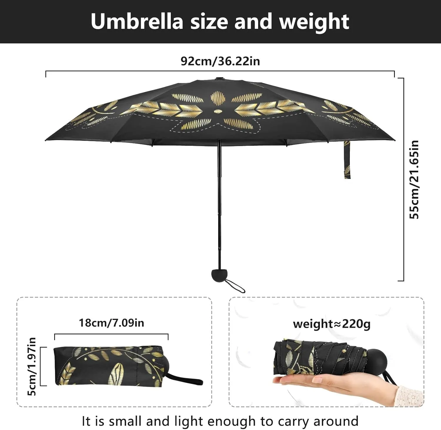 5 Folding Compact Pocket Windproof Umbrella, 6 Ribs Ultra-Light Foldable Vinyl Parasol, Mini Anti-UV Travel Umbrella