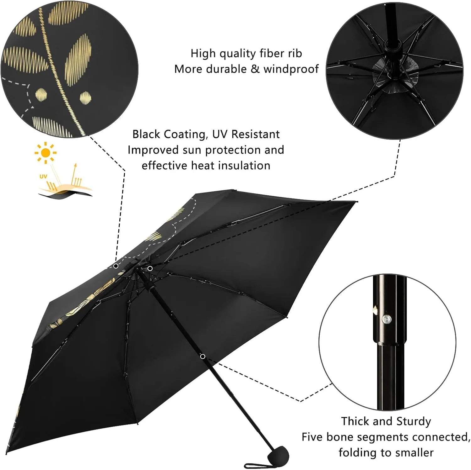 5 Folding Compact Pocket Windproof Umbrella, 6 Ribs Ultra-Light Foldable Vinyl Parasol, Mini Anti-UV Travel Umbrella