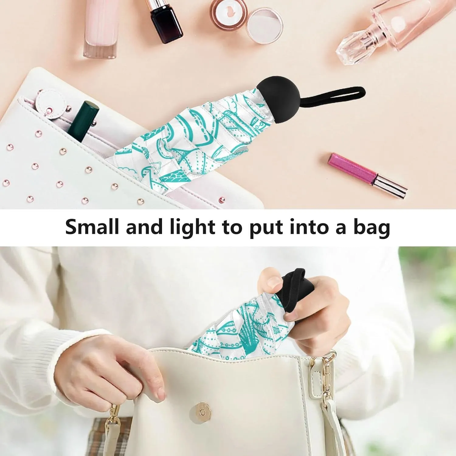 5 Folding Compact Pocket Windproof Umbrella, 6 Ribs Ultra-Light Foldable Vinyl Parasol, Mini Anti-UV Travel Umbrella