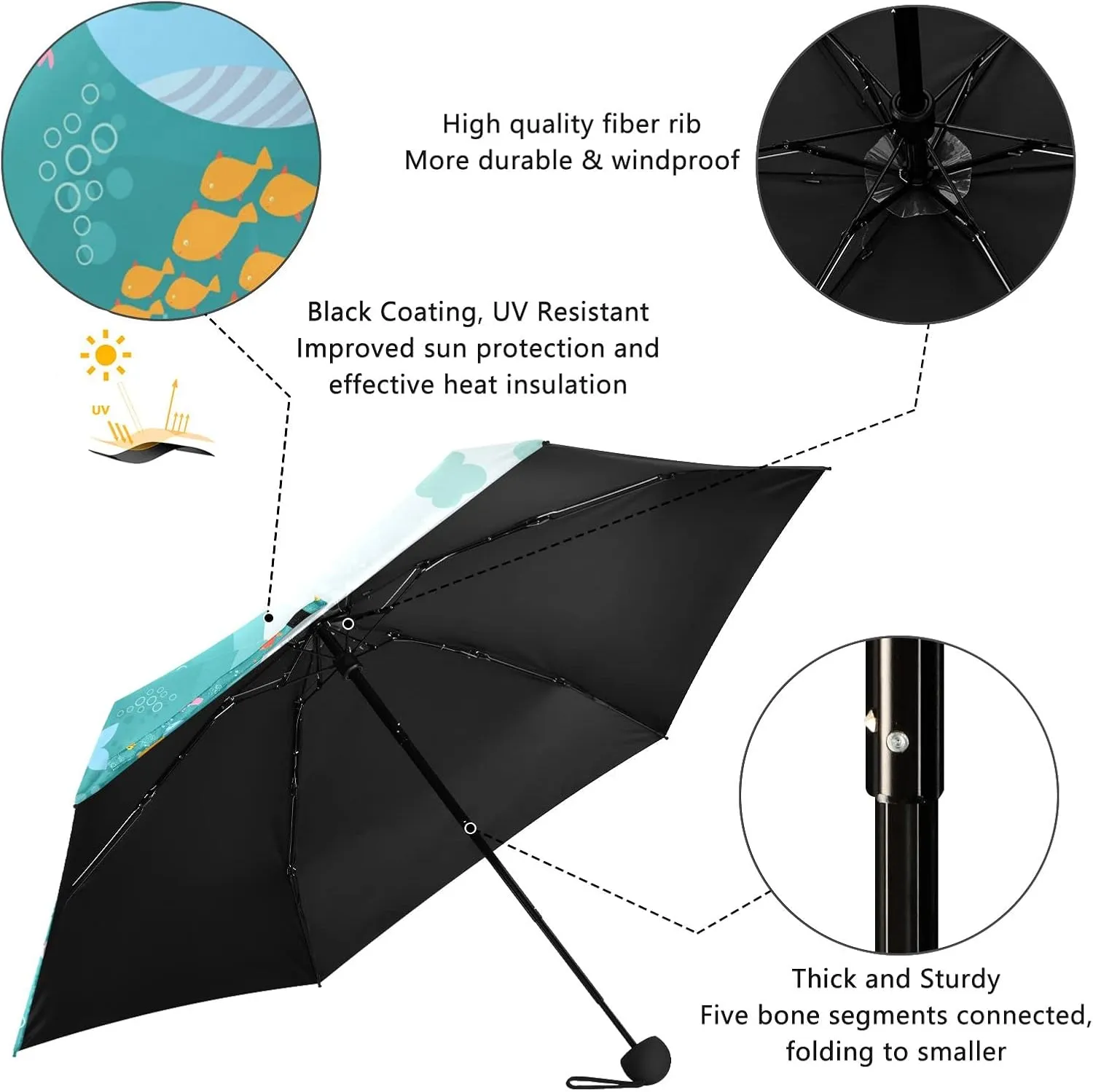 5 Folding Compact Pocket Windproof Umbrella, 6 Ribs Ultra-Light Foldable Vinyl Parasol, Mini Anti-UV Travel Umbrella