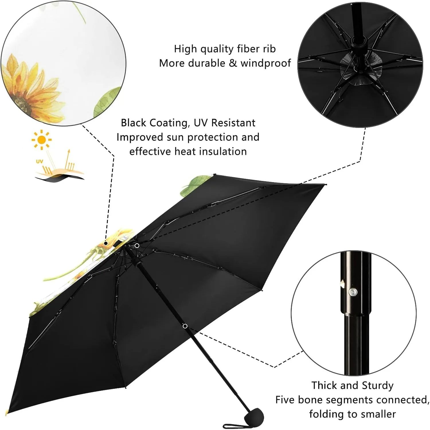 5 Folding Compact Pocket Windproof Umbrella, 6 Ribs Ultra-Light Foldable Vinyl Parasol, Mini Anti-UV Travel Umbrella