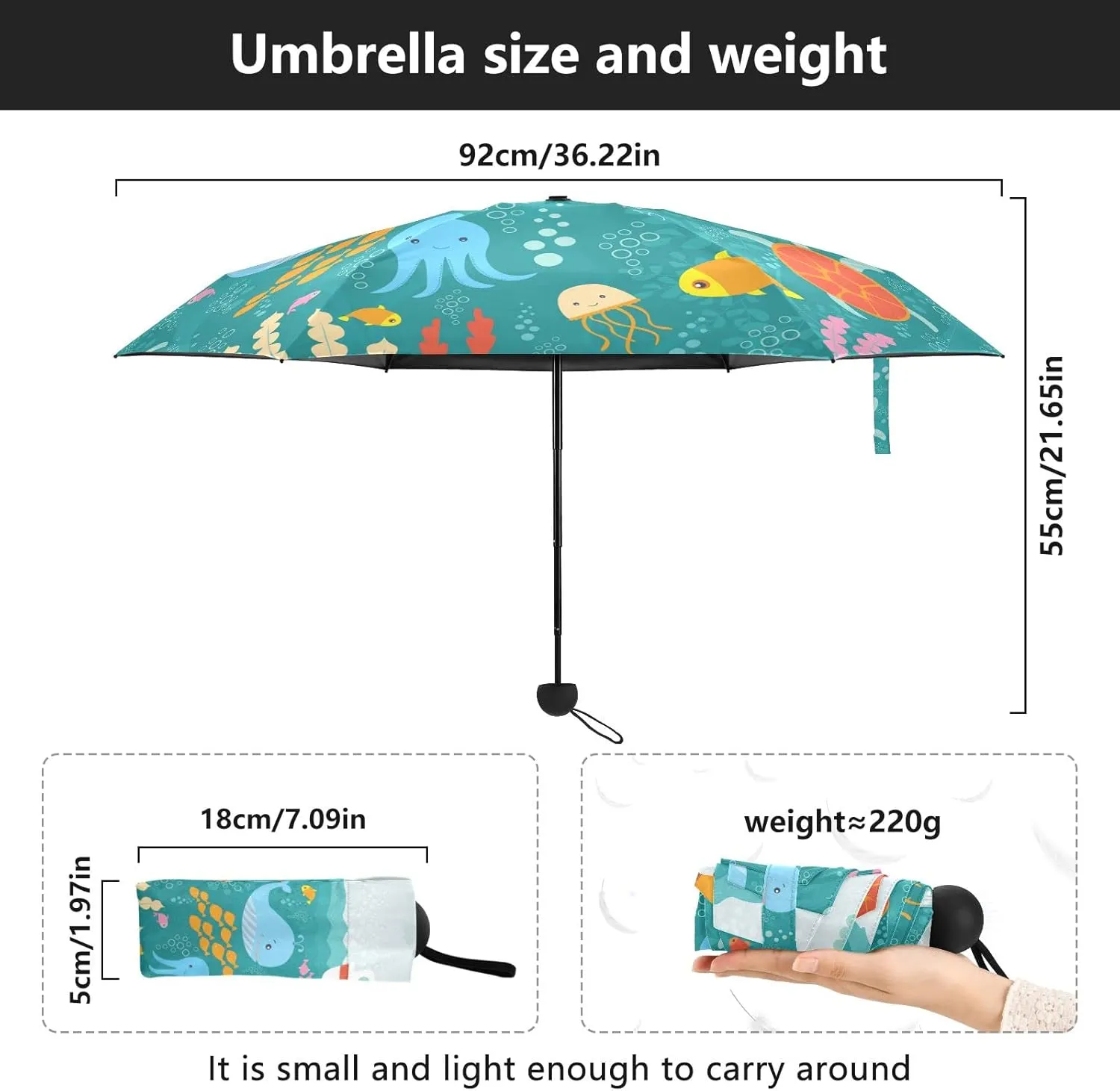 5 Folding Compact Pocket Windproof Umbrella, 6 Ribs Ultra-Light Foldable Vinyl Parasol, Mini Anti-UV Travel Umbrella