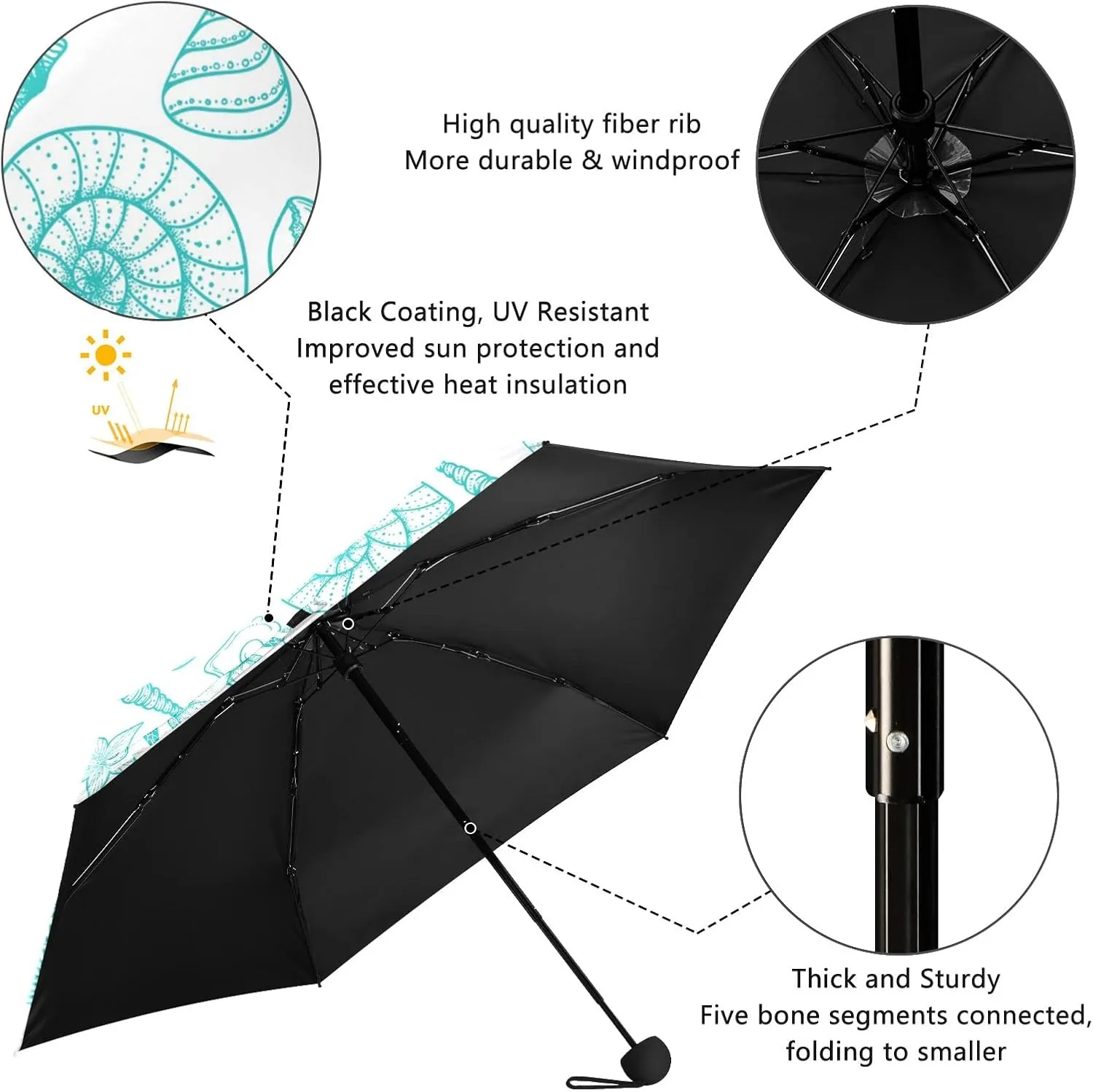 5 Folding Compact Pocket Windproof Umbrella, 6 Ribs Ultra-Light Foldable Vinyl Parasol, Mini Anti-UV Travel Umbrella