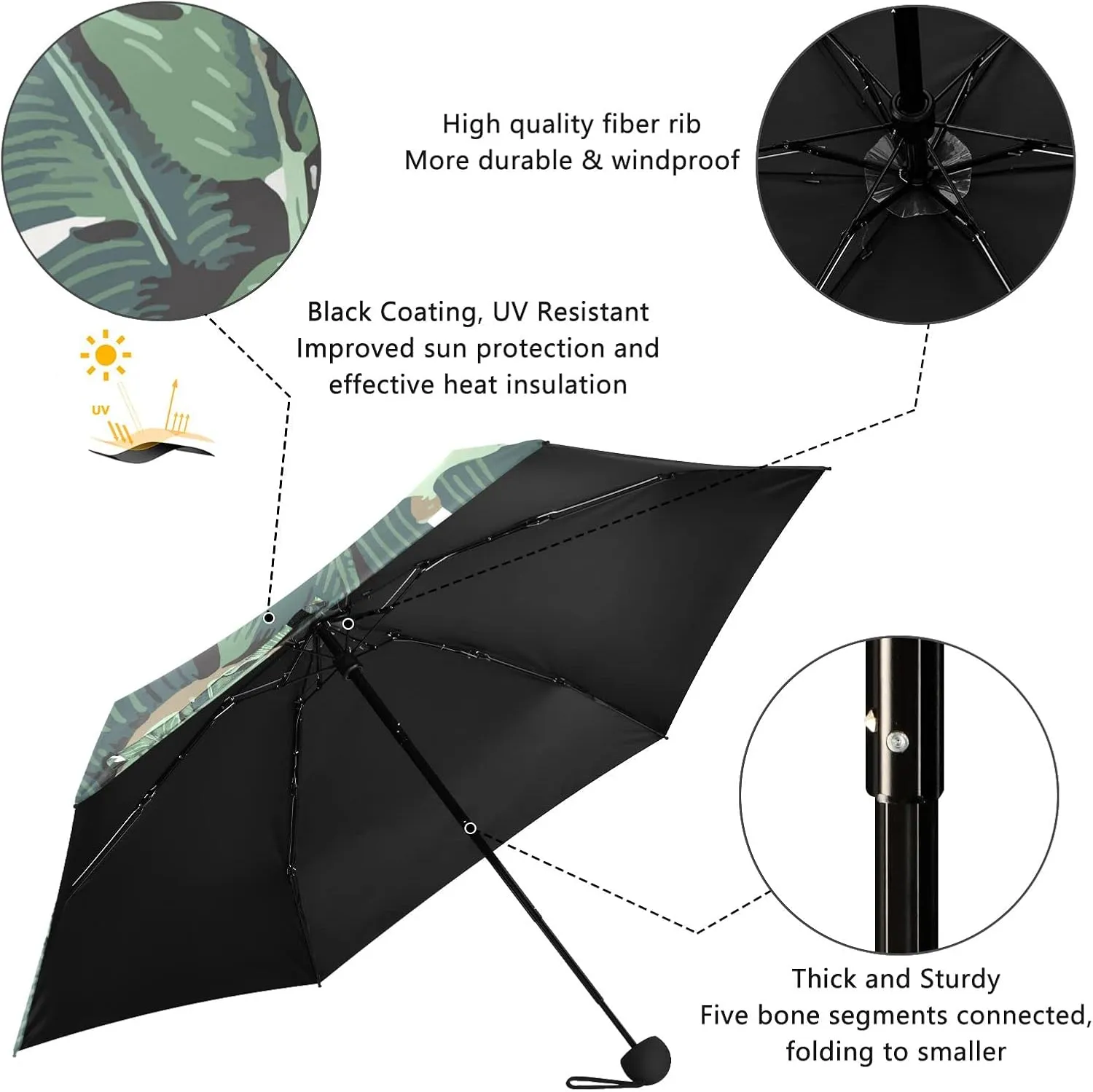 5 Folding Compact Pocket Windproof Umbrella, 6 Ribs Ultra-Light Foldable Vinyl Parasol, Mini Anti-UV Travel Umbrella