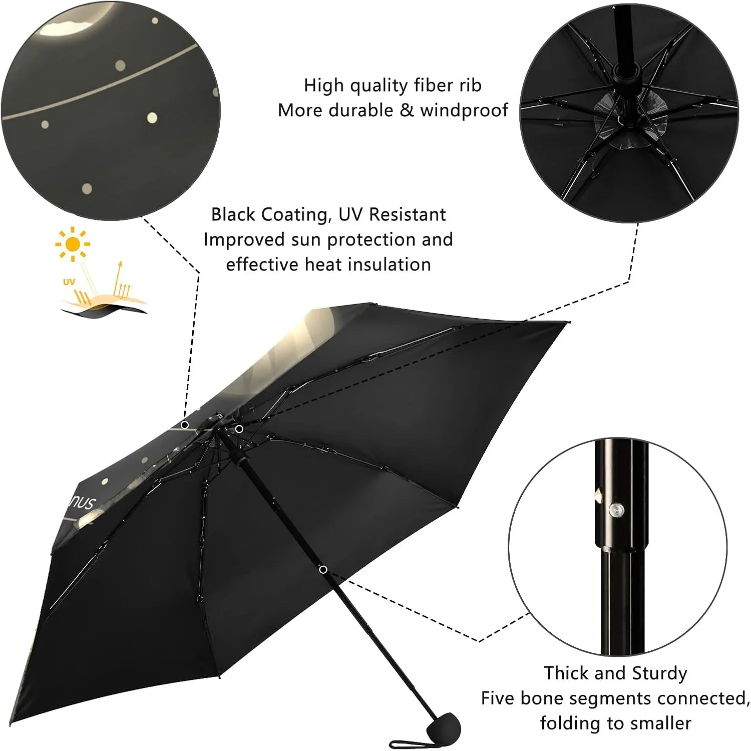 5 Folding Compact Pocket Windproof Umbrella, 6 Ribs Ultra-Light Foldable Vinyl Parasol, Mini Anti-UV Travel Umbrella