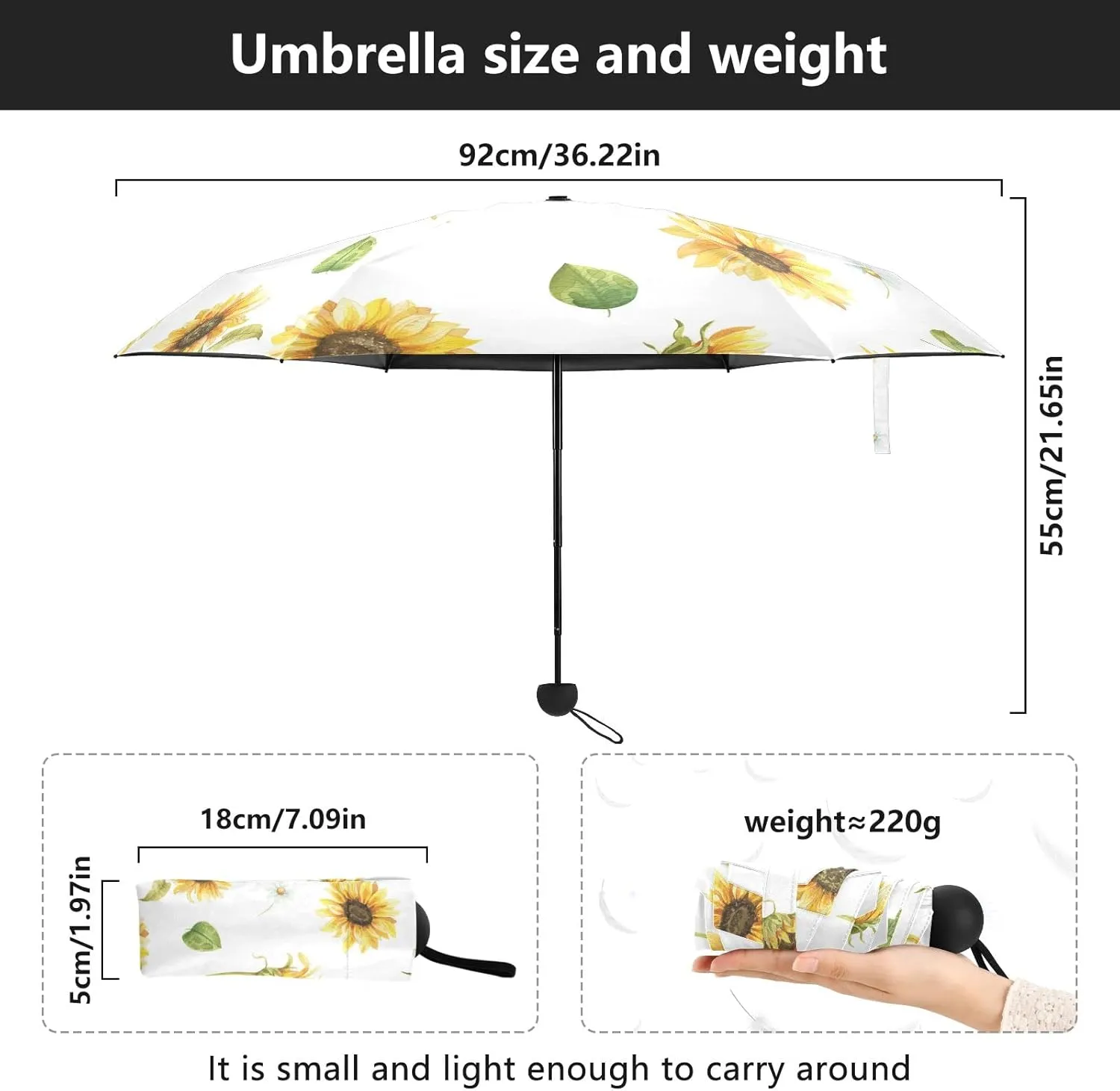5 Folding Compact Pocket Windproof Umbrella, 6 Ribs Ultra-Light Foldable Vinyl Parasol, Mini Anti-UV Travel Umbrella