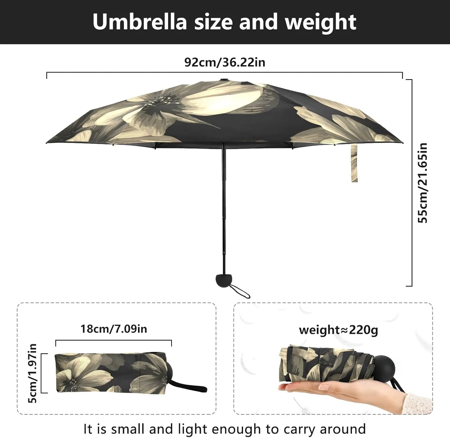5 Folding Compact Pocket Windproof Umbrella, 6 Ribs Ultra-Light Foldable Vinyl Parasol, Small Mini Anti-UV Travel Umbrella