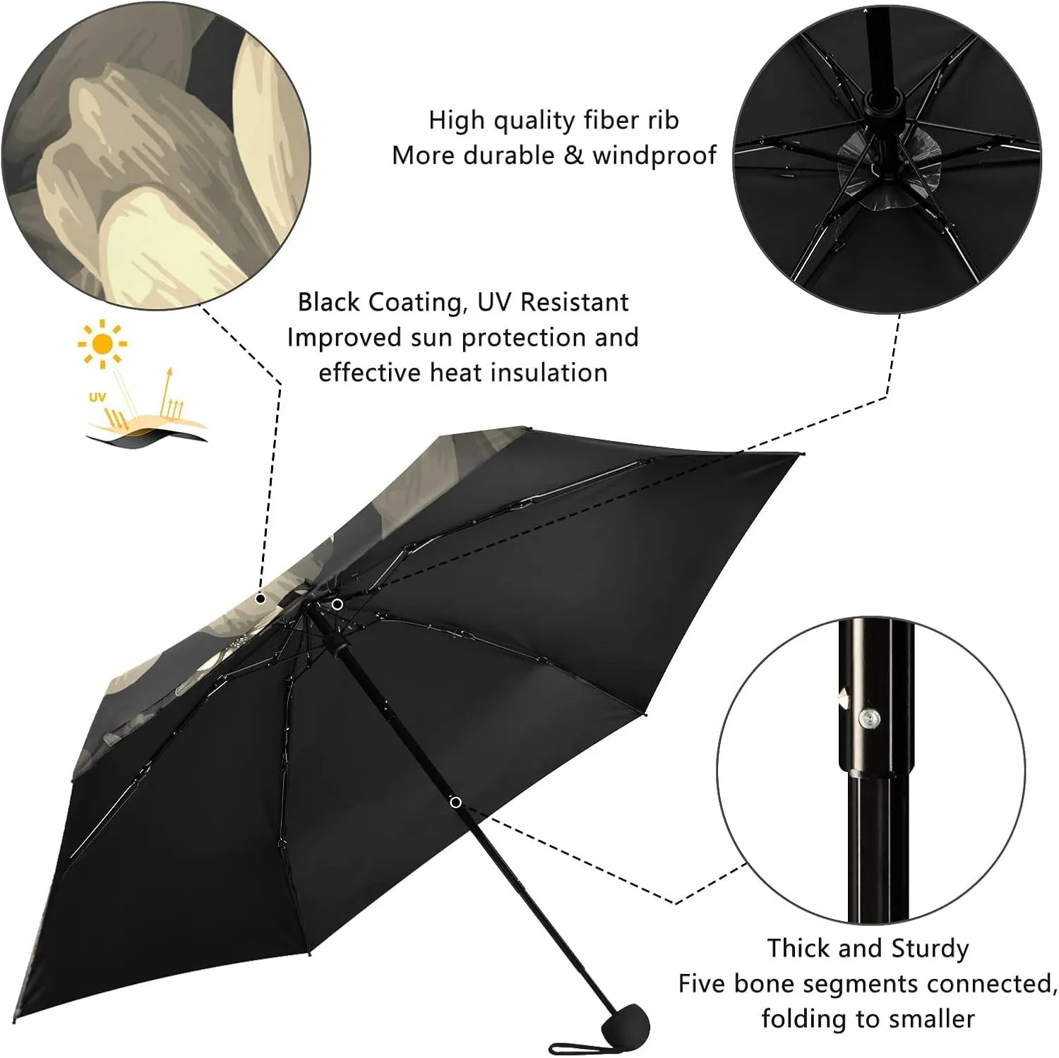 5 Folding Compact Pocket Windproof Umbrella, 6 Ribs Ultra-Light Foldable Vinyl Parasol, Small Mini Anti-UV Travel Umbrella