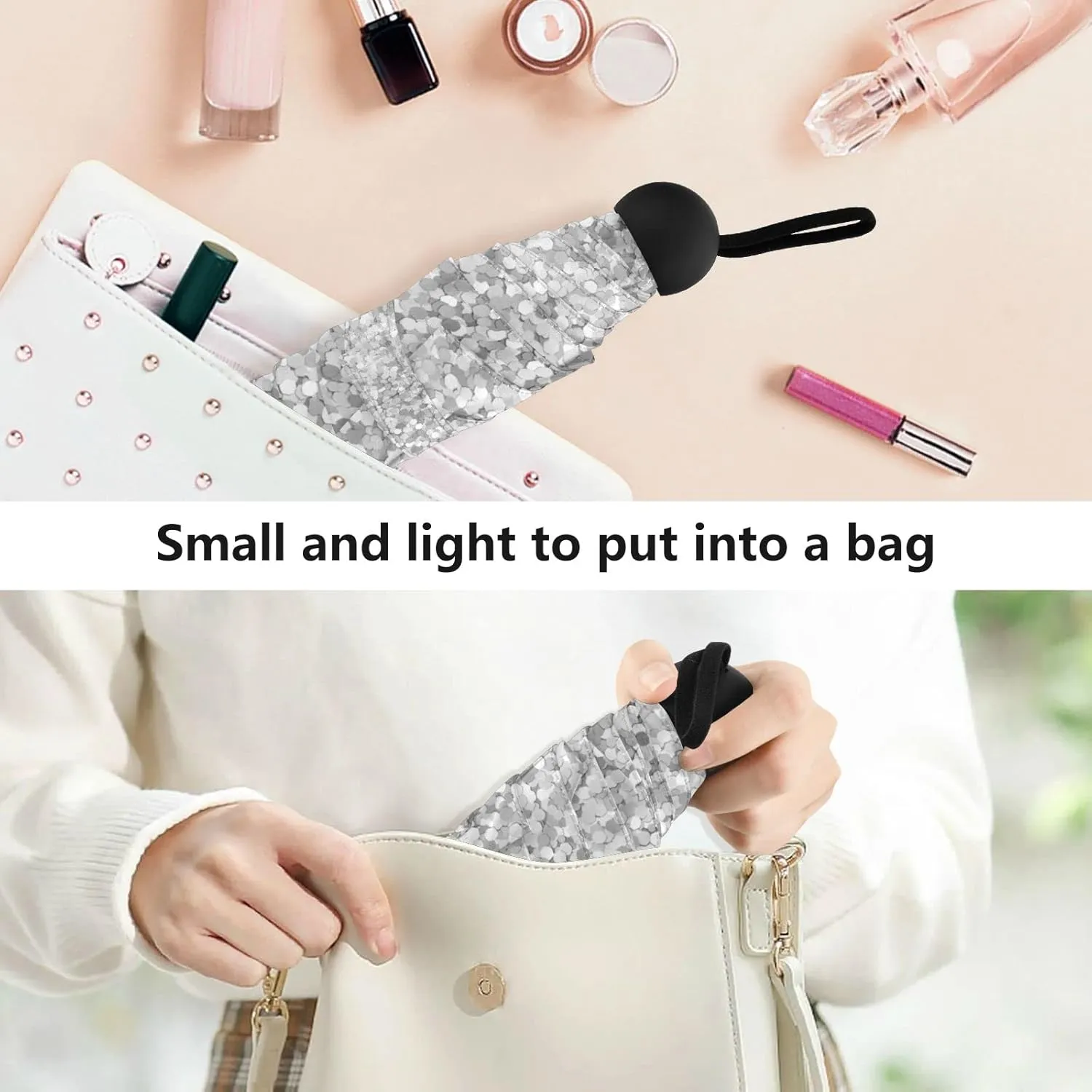 5 Folding Compact Pocket Windproof Umbrella, 6 Ribs Ultra-Light Foldable Vinyl Parasol, Small Mini Anti-UV Travel Umbrella