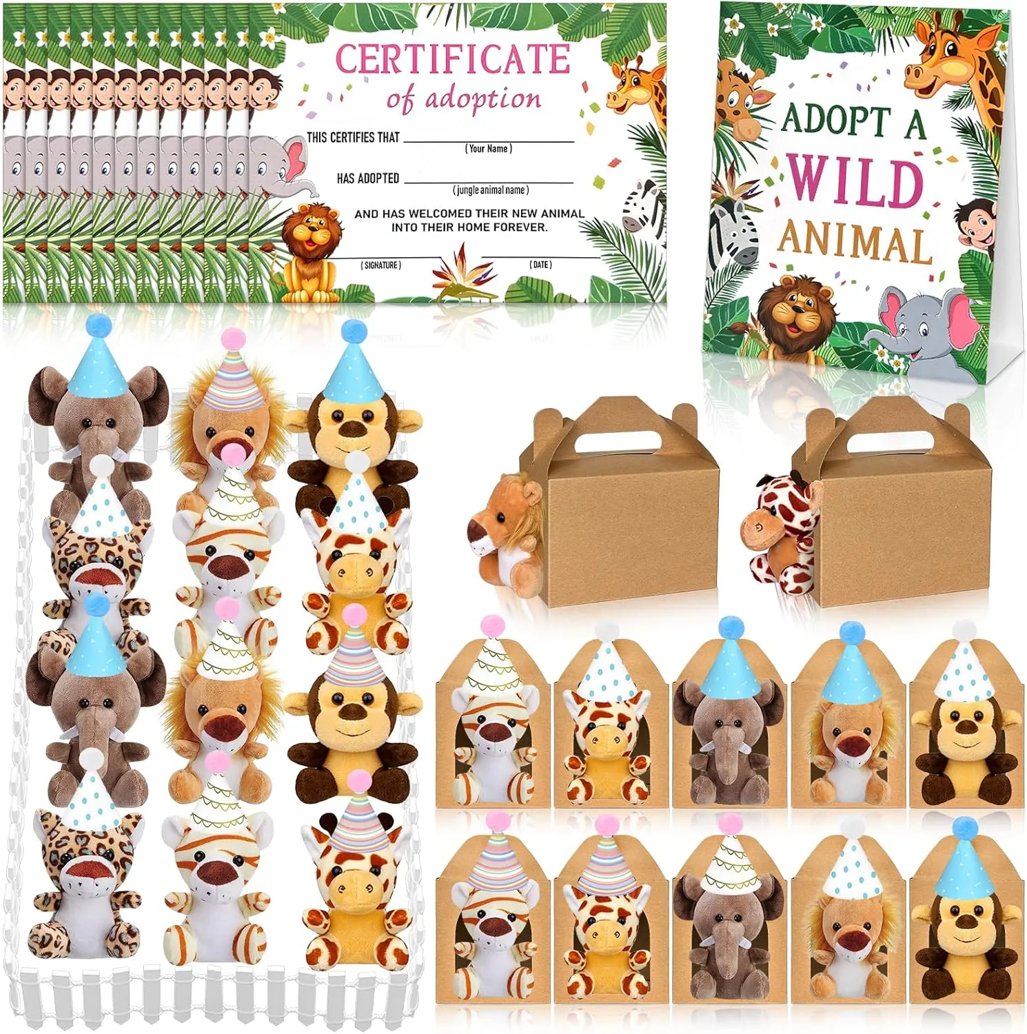 50 Pcs Safari Jungle Party Favors Include 12 Mini Forest Mini Stuffed Animals 12 Hats 12 Foldable Paper Boxes 12 Adoption Cards 1 Adoption Sign 1 Fence for Jungle Party Adopt A Jungle Animal Favors