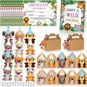 50 Pcs Safari Jungle Party Favors Include 12 Mini Forest Mini Stuffed Animals 12 Hats 12 Foldable Paper Boxes 12 Adoption Cards 1 Adoption Sign 1 Fence for Jungle Party Adopt A Jungle Animal Favors