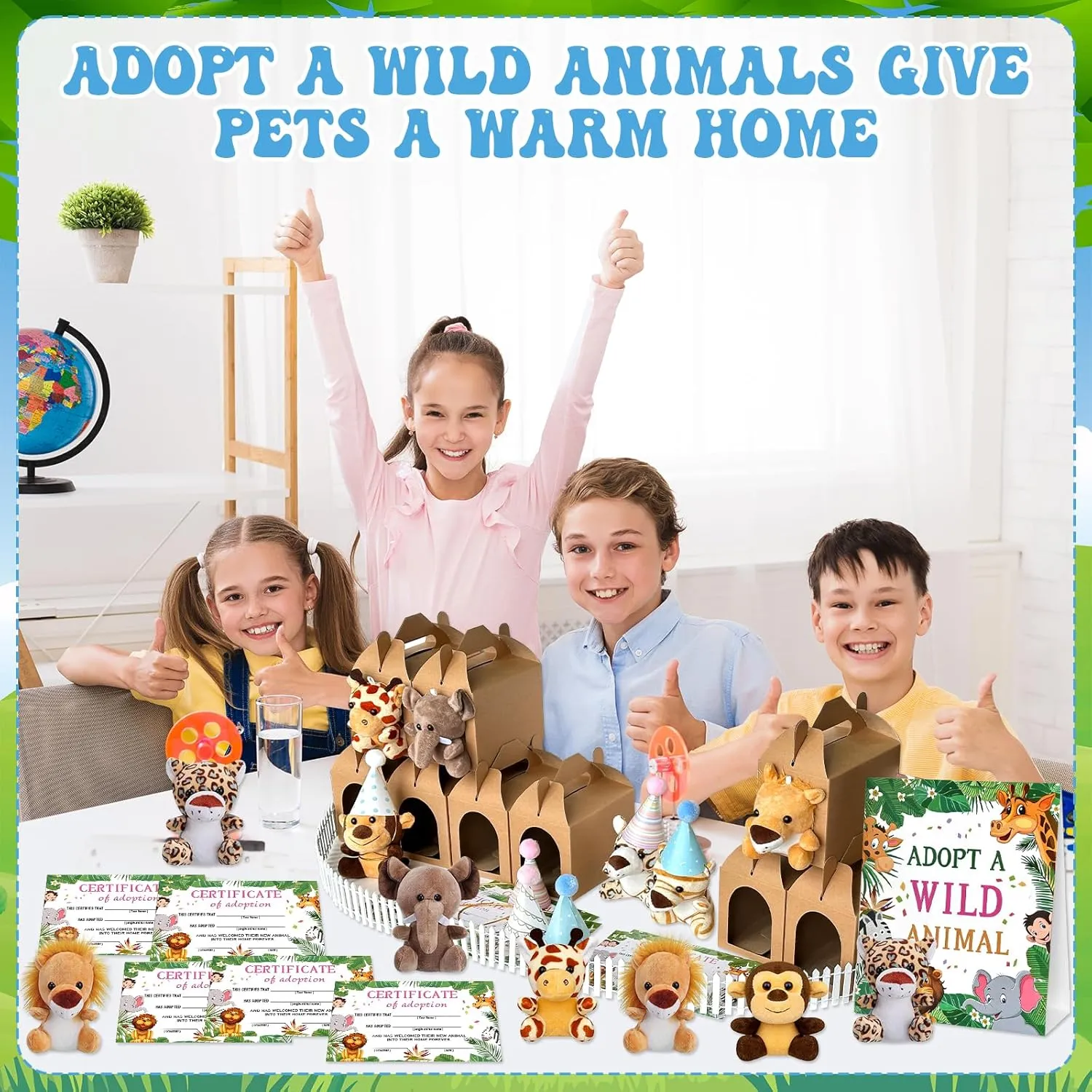 50 Pcs Safari Jungle Party Favors Include 12 Mini Forest Mini Stuffed Animals 12 Hats 12 Foldable Paper Boxes 12 Adoption Cards 1 Adoption Sign 1 Fence for Jungle Party Adopt A Jungle Animal Favors