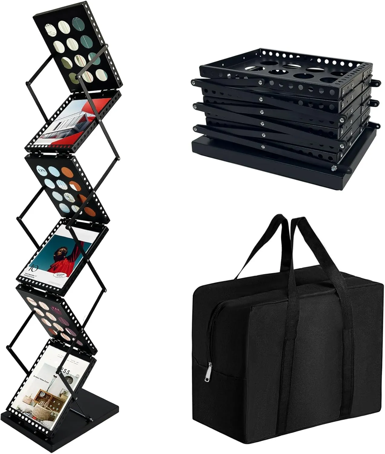 6 Pockets Brochure Display Stand, Foldable Magazine Rack Catalog Metal Literature Rack Holder with Carrying Bag, 8.5 x 11 Size for Trade Show Office