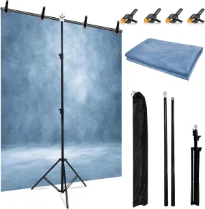 6.5 x 5ft T-Shaped Backdrop Stand with Abstract Light Blue 6.5 x 5ft Professional Photography Backdrop,Adjustable Backdrop Stand Kit with 4 Spring Clamps,Portable Handbag (2 in 1)
