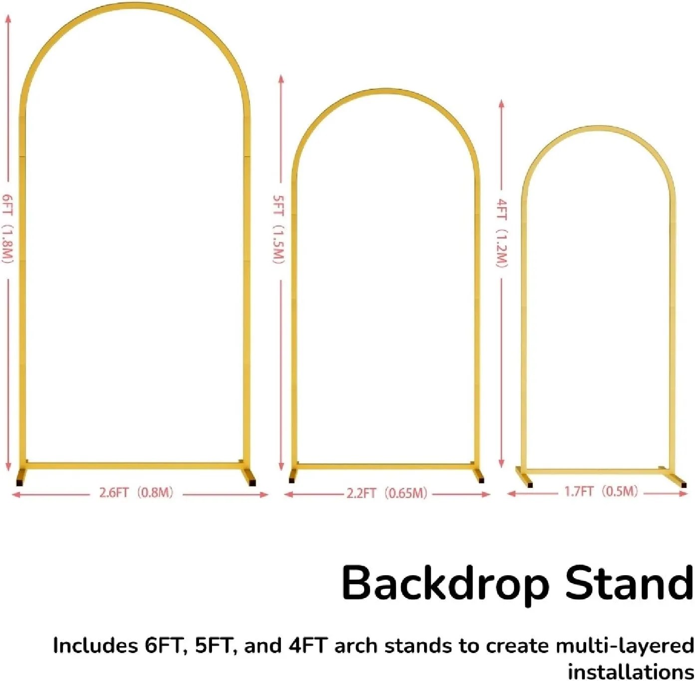 6FT 5FT 4FT Arch-Backdrop-Stand Set of 3, Wedding Arch Stand for Birthday Party Baby Shower, Flower Balloon Metal Arch Stand Frame for Graduation Anniversary Ceremony Decor, Gold