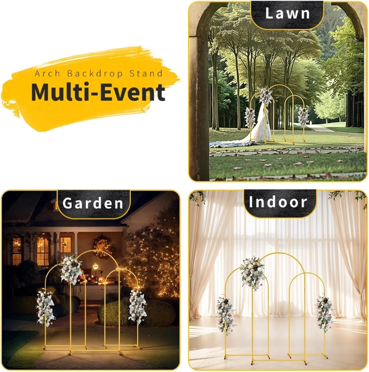 6FT 5FT 4FT Arch-Backdrop-Stand Set of 3, Wedding Arch Stand for Birthday Party Baby Shower, Flower Balloon Metal Arch Stand Frame for Graduation Anniversary Ceremony Decor, Gold