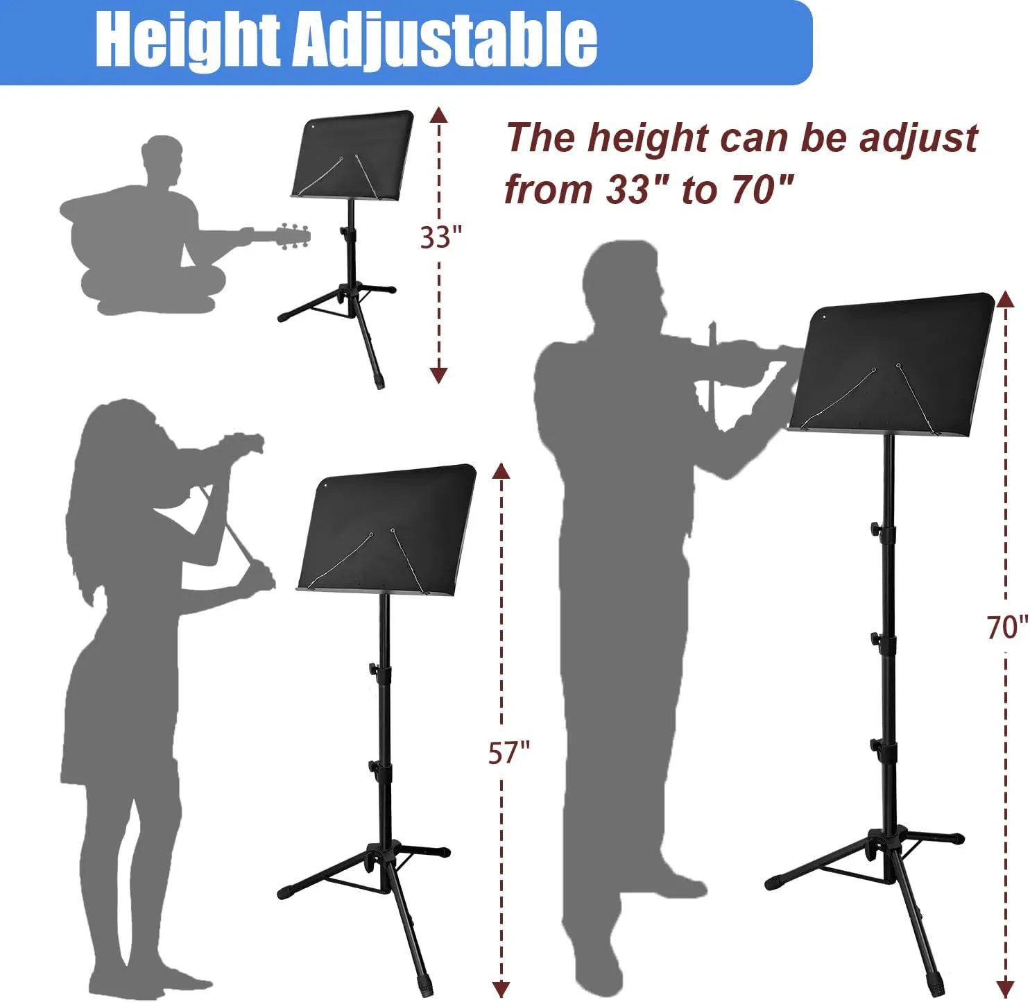 70" Sheet Music Stand with Light and Phone Holder, Music Stand for Sheet Music High Stability, Height Adjustable Portable Music Sheet Stand with Carrying Bag(33-70inch,Plate without hole)
