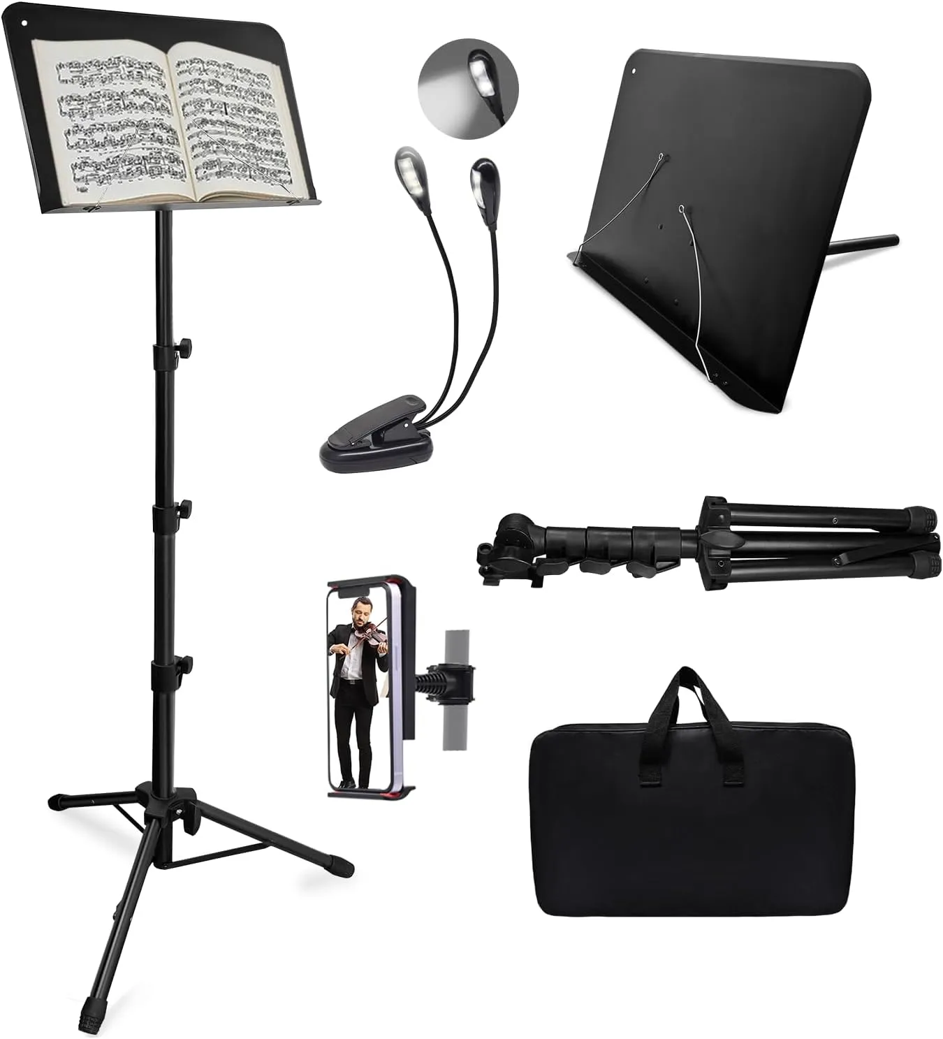 70" Sheet Music Stand with Light and Phone Holder, Music Stand for Sheet Music High Stability, Height Adjustable Portable Music Sheet Stand with Carrying Bag(33-70inch,Plate without hole)