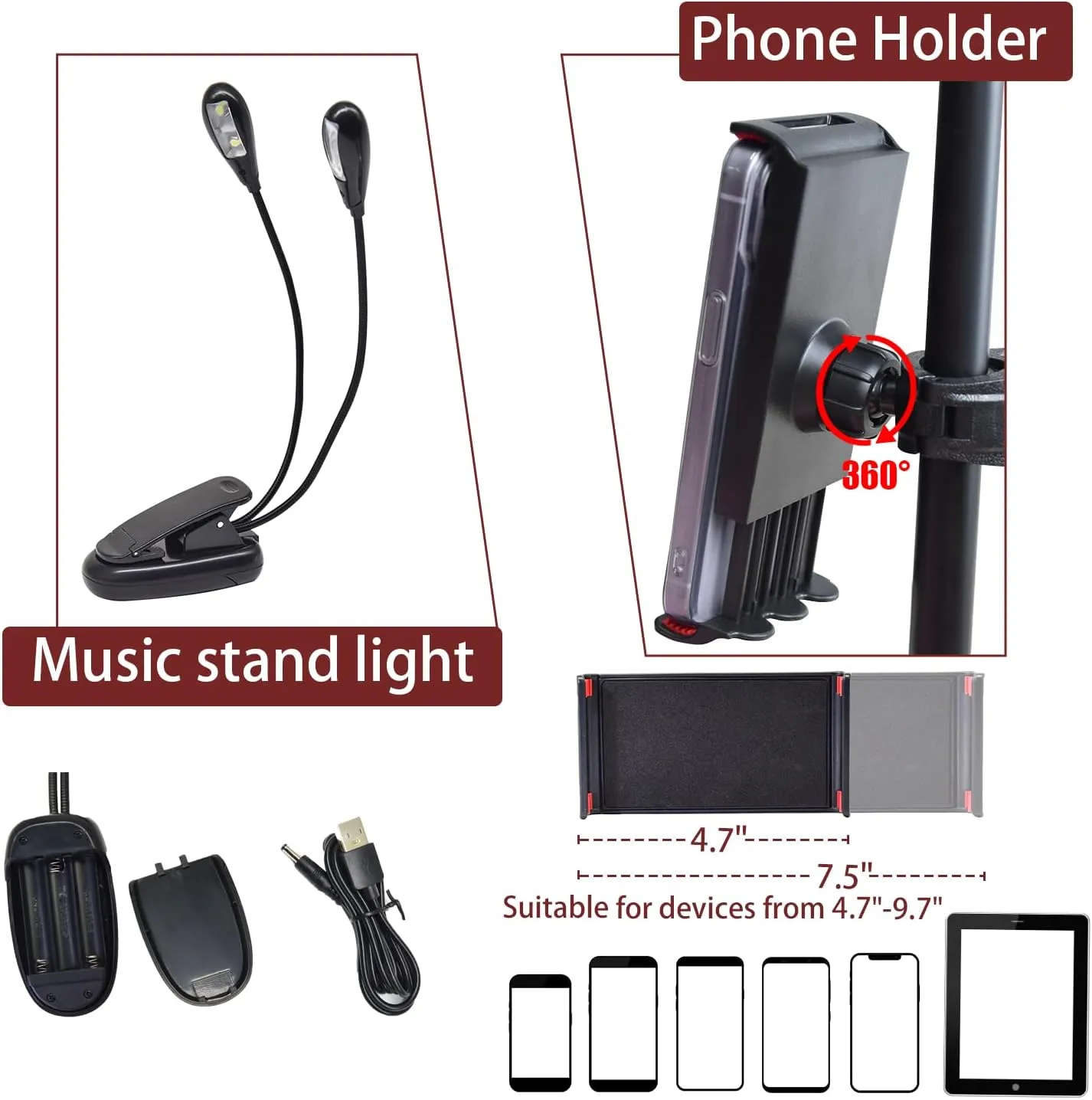 70" Sheet Music Stand with Light and Phone Holder, Music Stand for Sheet Music High Stability, Height Adjustable Portable Music Sheet Stand with Carrying Bag(33-70inch,Plate without hole)