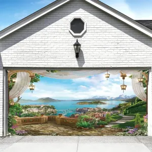 7x16ft Spring Garage Door Decorations Italian Natural Landscape Coast and Mountains Photography Background Vintage Italian Mural Garden Flowers Plants Balcony View Wedding Photo Studio Props